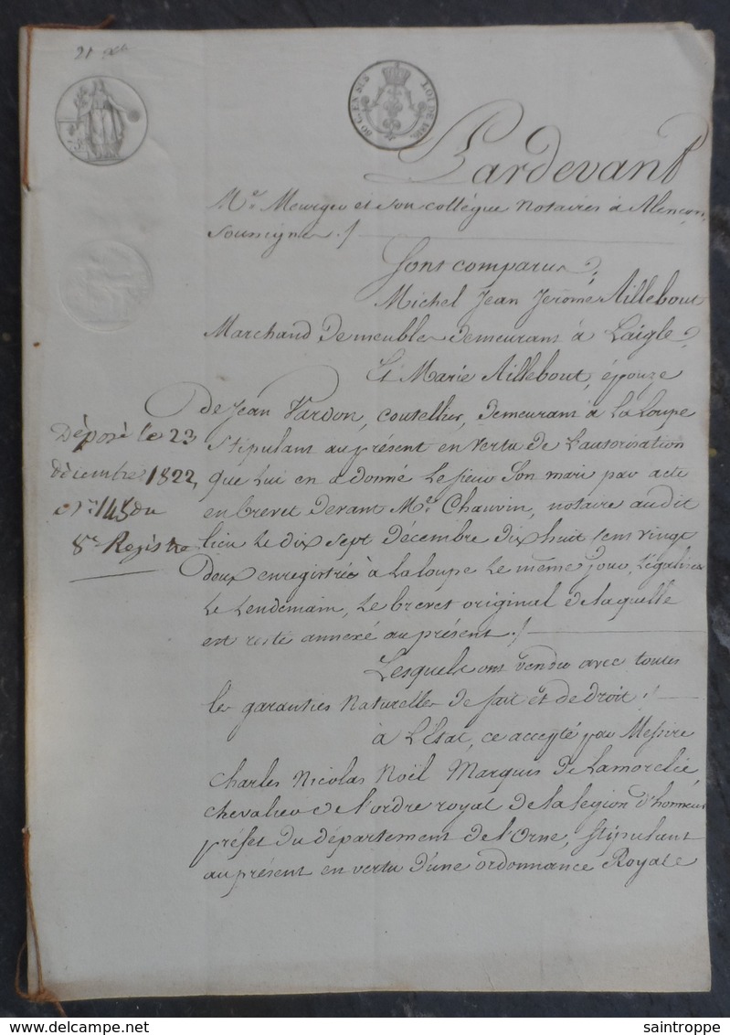 Manuscrit De1822.Michel Millebout,marchand à Laigle,vend Au Marquis De Lamorclée(Préfet De LOrne) Maison à Sées.... - Manuscrits