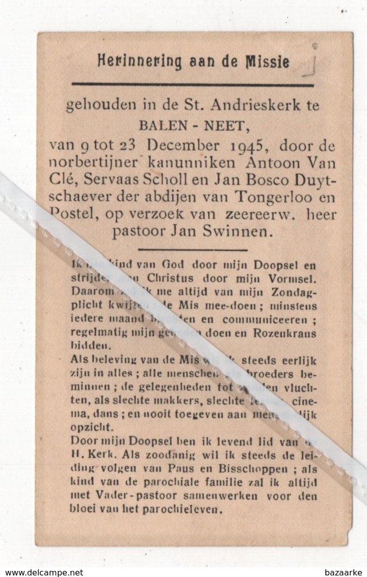 HERINNERING H.MISSIE ST.ANDRIESKERK TE BALEN-NEET 1945 OP VERZOEK VAN PASTOOR JAN SWINNEN - Images Religieuses