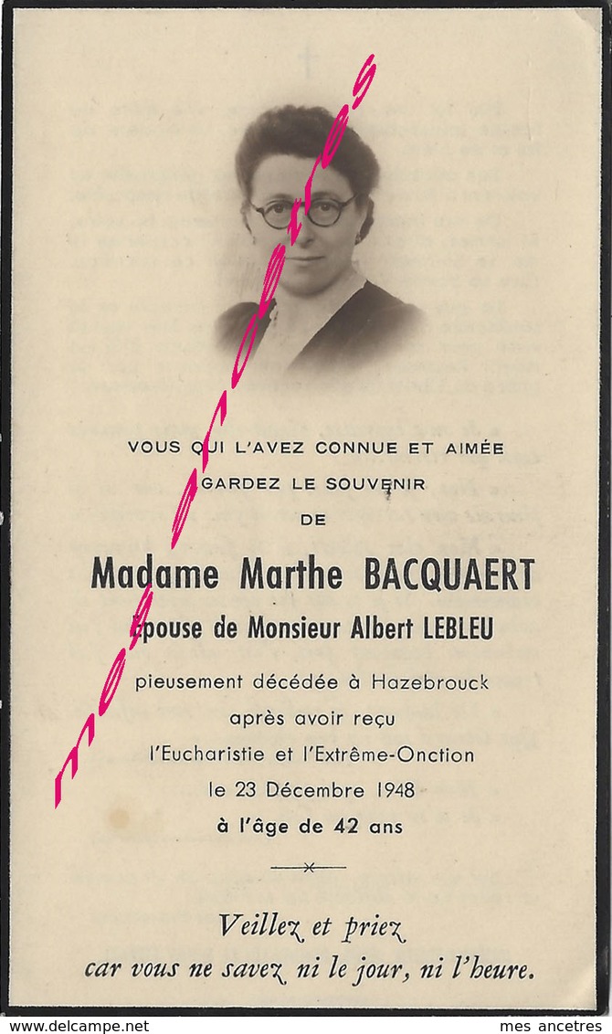 Faire-part De Décès HAZEBROUCK 1948- Maria BACQUAERT ép Albert LEBLEU - Décès