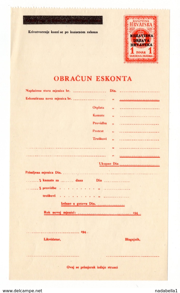 1941 WWII YUGOSLAVIA, NDH, BANOVINA HRVATSKA, DISCOUNT FORM, REVENUE STAMP, PREPRINTED - Autres & Non Classés