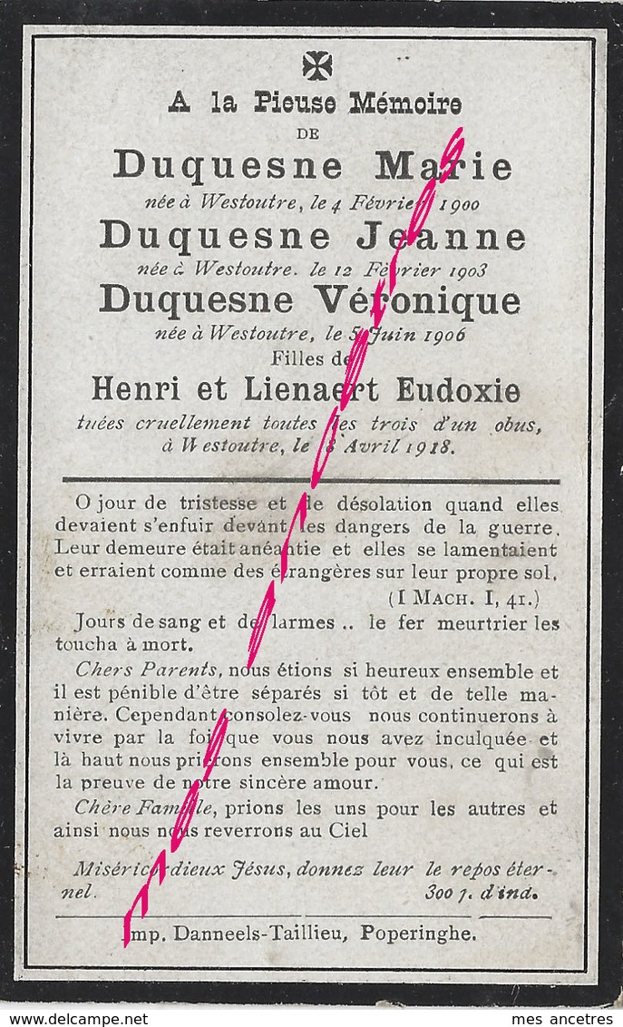 Guerre 1914 WESTOUTRE-Faire-part Marie,Jeanne, Véronique DUQUESNEtuées Par Un Obus En 1918-civils Tués - Décès