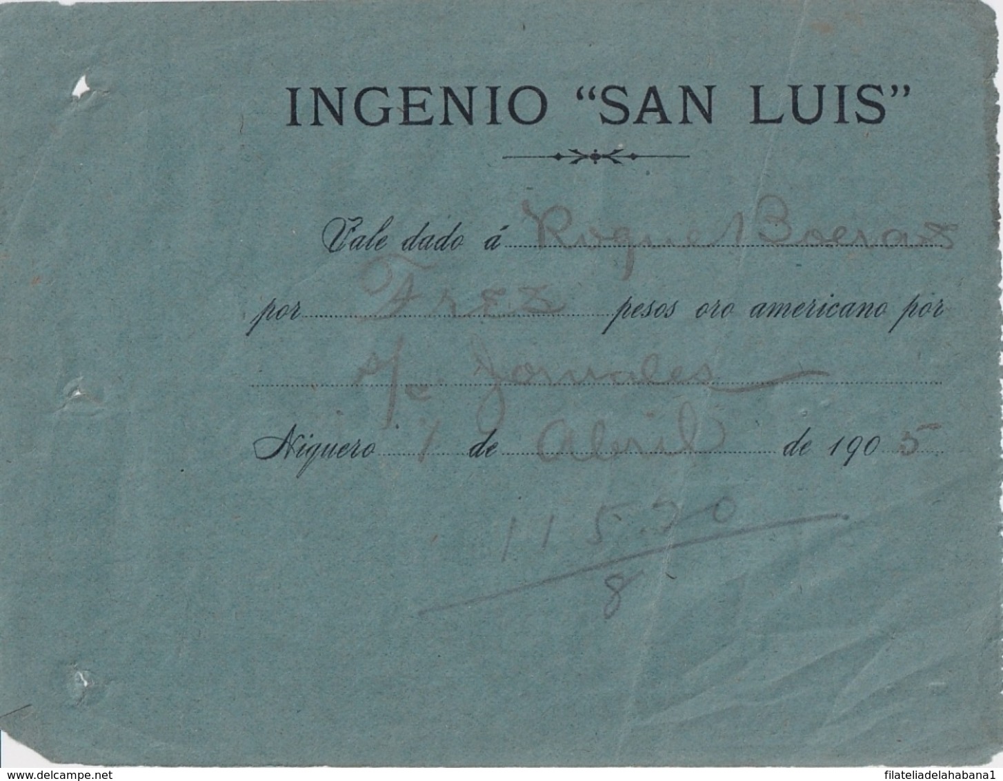 TK-336 CUBA REPUBLICA TOKEN 1905 SUGAR MILLS INGENIO SAN LUIS NIQUERO. VALE POR $. - Souvenirmunten (elongated Coins)