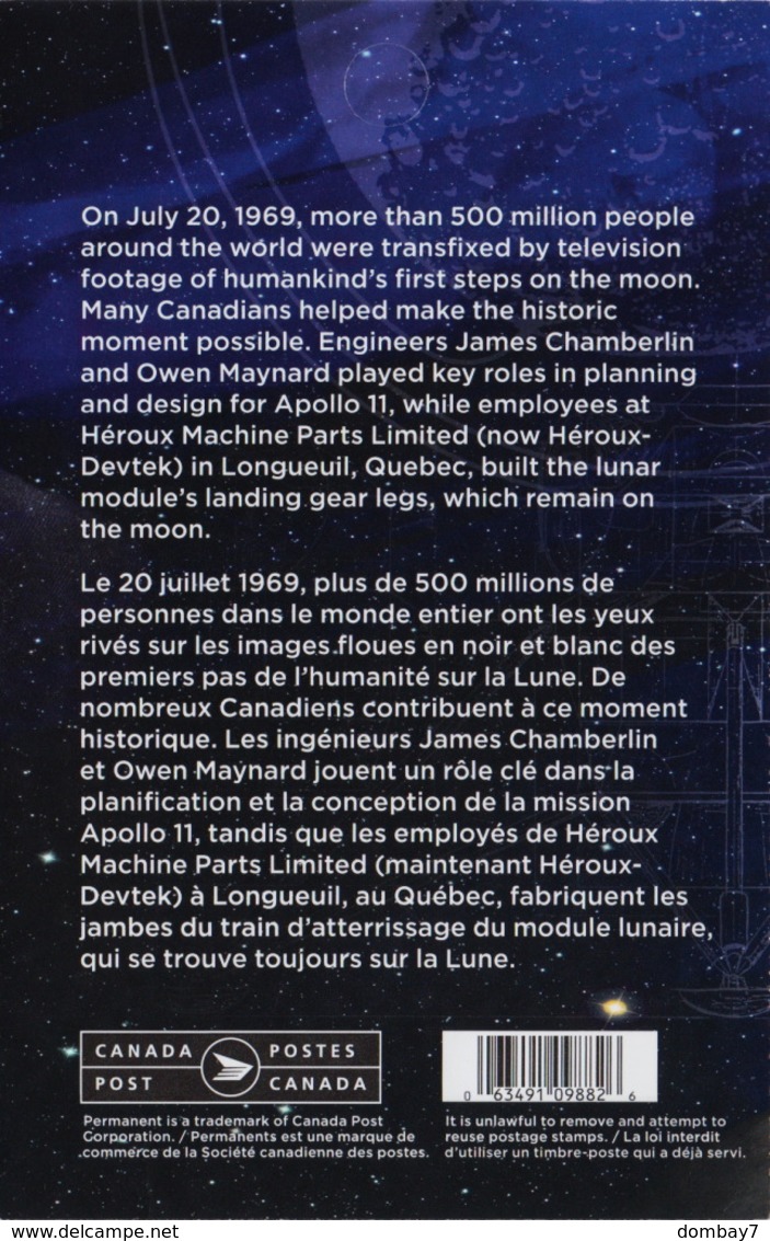 APOLLO 11 = 50th = MIDDLE Booklet Page Of 4 Stamps (2 Tête-Bêche Pairs) With Description On Reverse Canada 2019 MNH VF - Collections