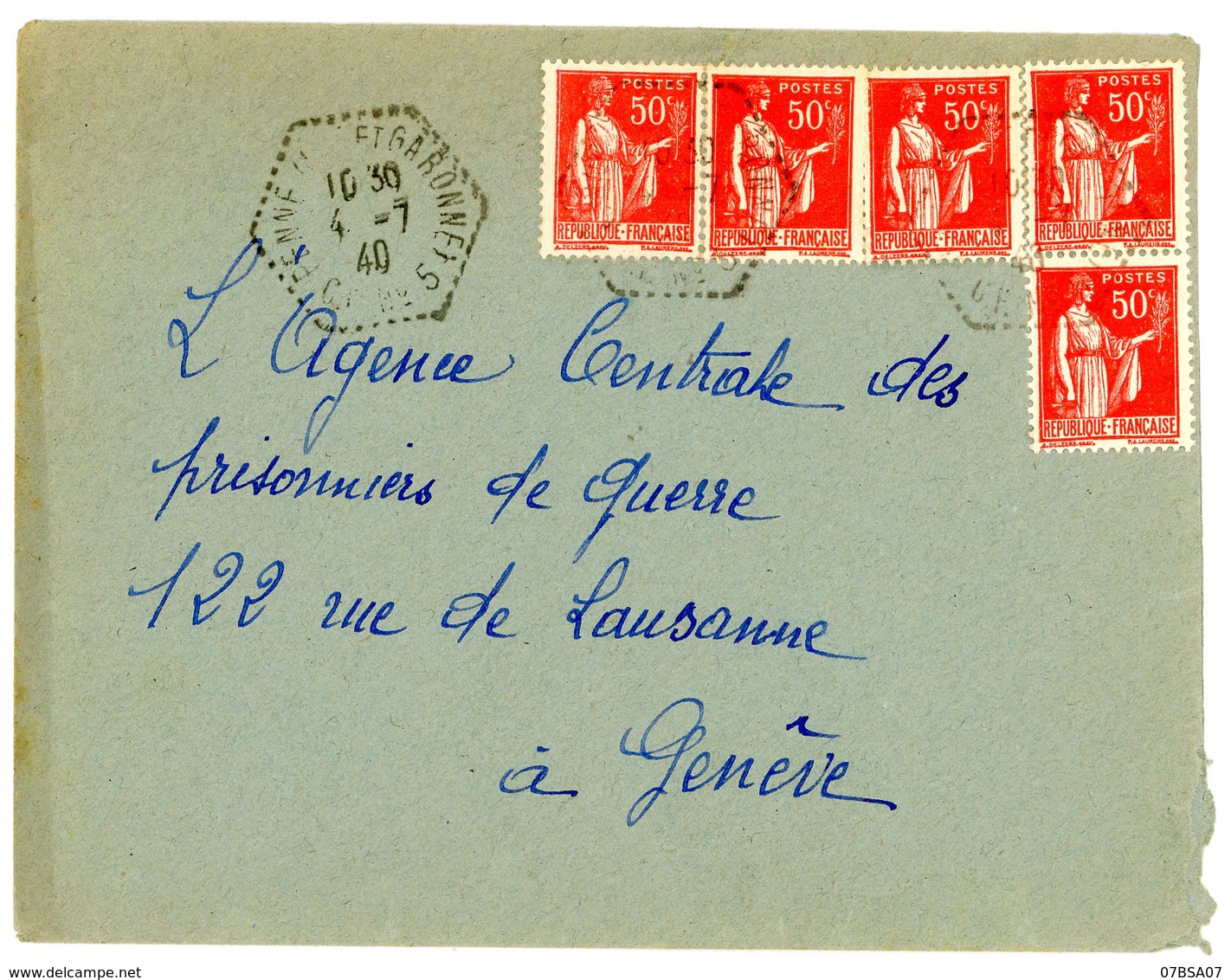 LOT ET GARONNE ENV 1940 PENNE ( LOT ET GARONNE ) C.P. N°5 CORRESPONDANT POSTAL CIRCUIT 5 SUR 0,50 PAIX X 5 => SUISSE - 1921-1960: Période Moderne