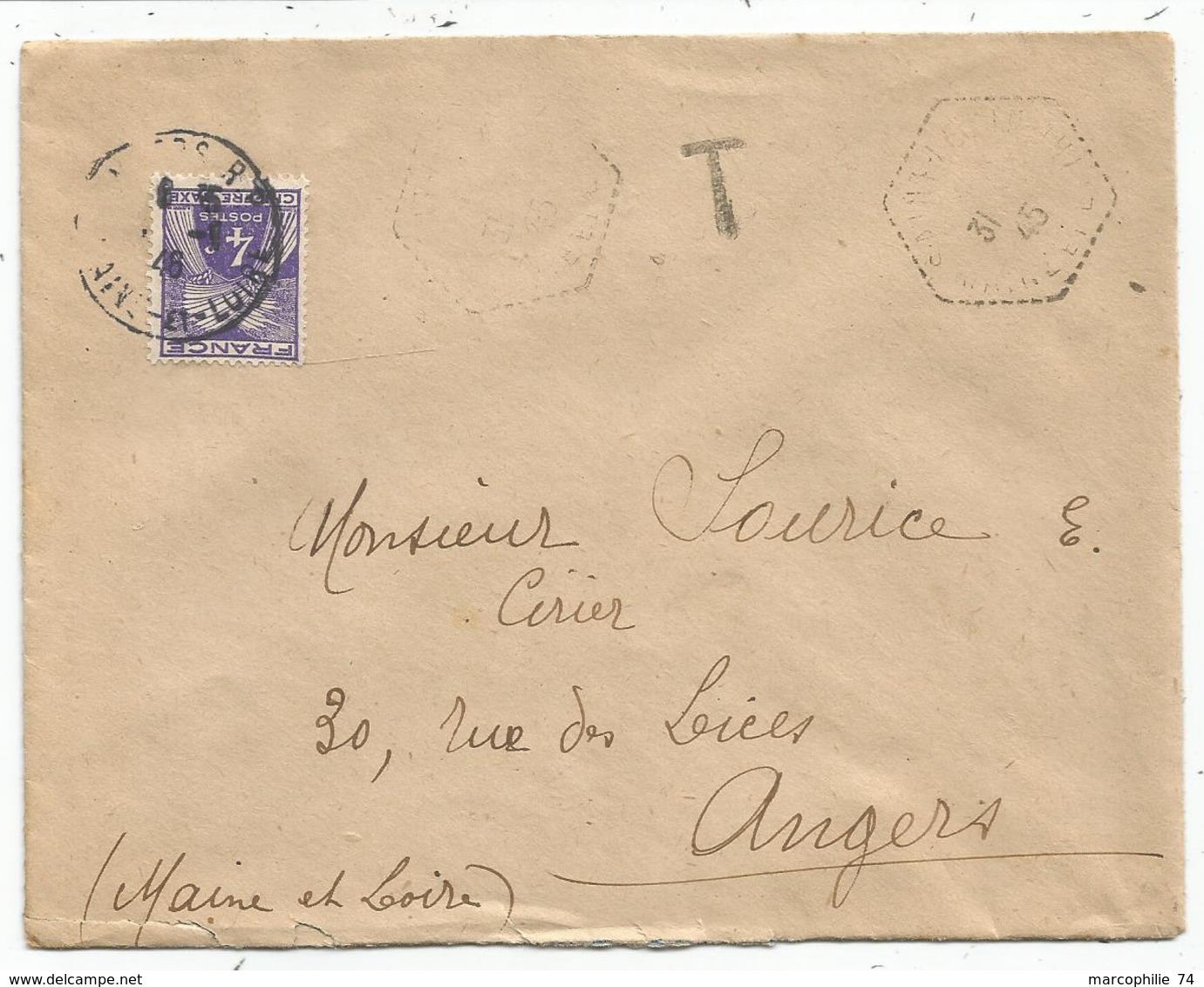 IAXE 4FR GERBES CHIFFRE TAXE ANGERS 1.1.1946  SEUL LETTRE NON AFFRANCHIE 1ER JOUR TARIF - 1859-1959 Storia Postale