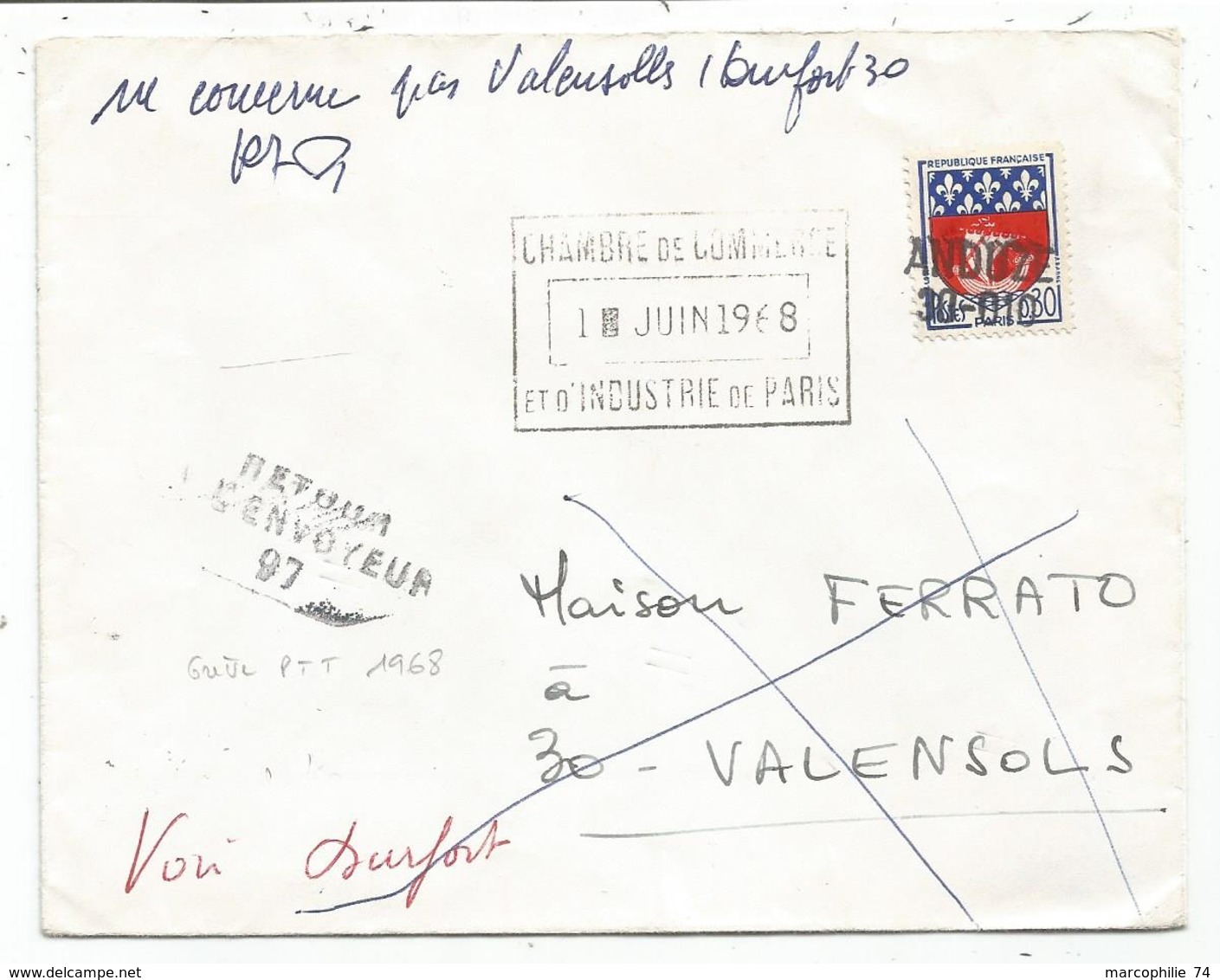 GREVE 1968 BLASON 30C PARIS LETTRE COVER CHAMBRE DE COMMERCE 1 JUIN 1968 + GRIFFE ANDUZE 30.010+ RETOUR 97 GARD - Documents