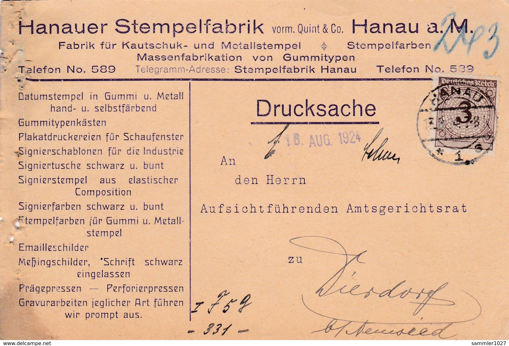 Karte Aus Hanau Nach Dierdorf 1924 - Storia Postale