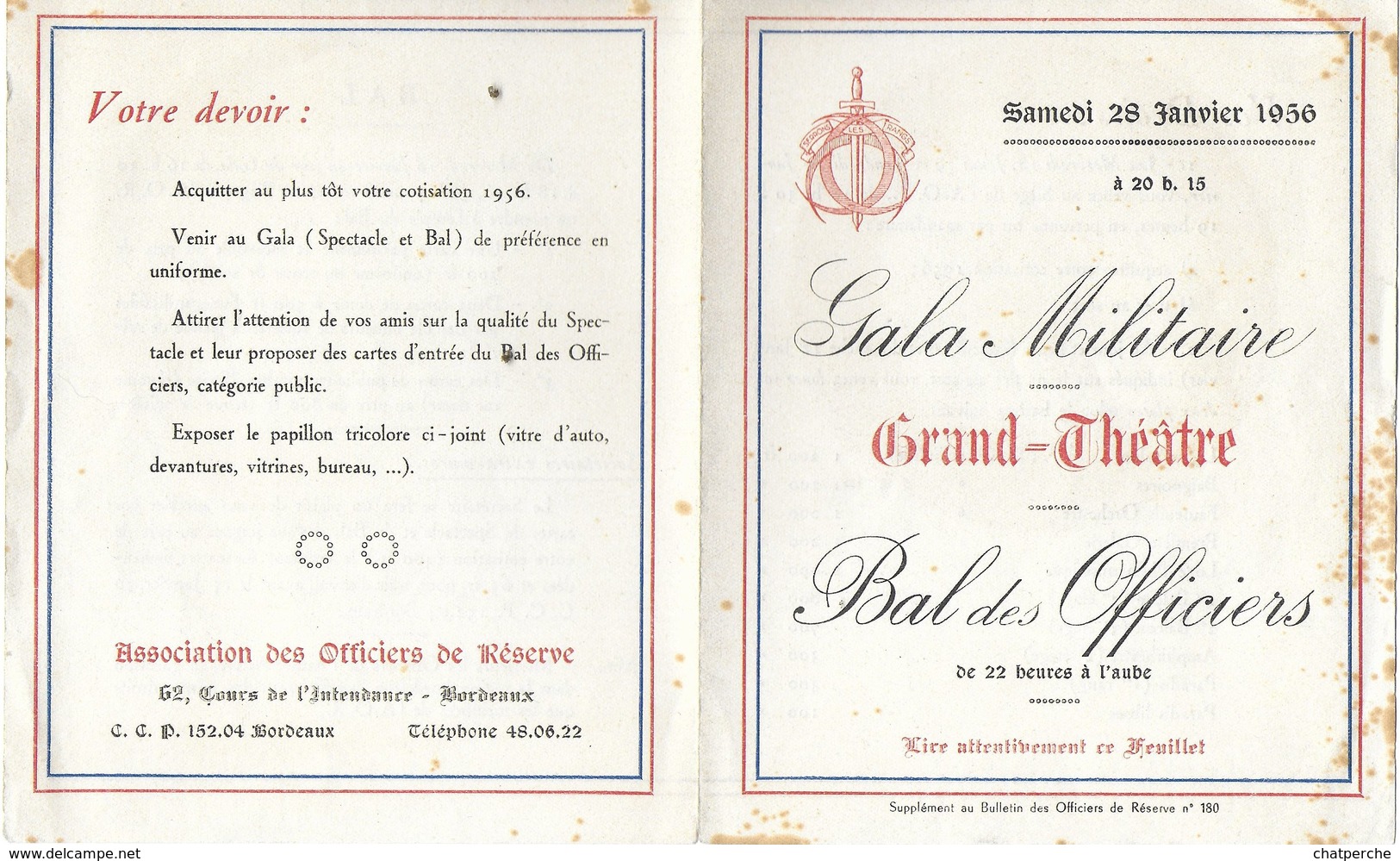 TICKET INVITATION GALA MILITAIRE GRAND THÉÂTRE BAL DES OFFICIERS 28/01/1956 A BORDEAUX GIRONDE + BADGE - Tickets - Vouchers