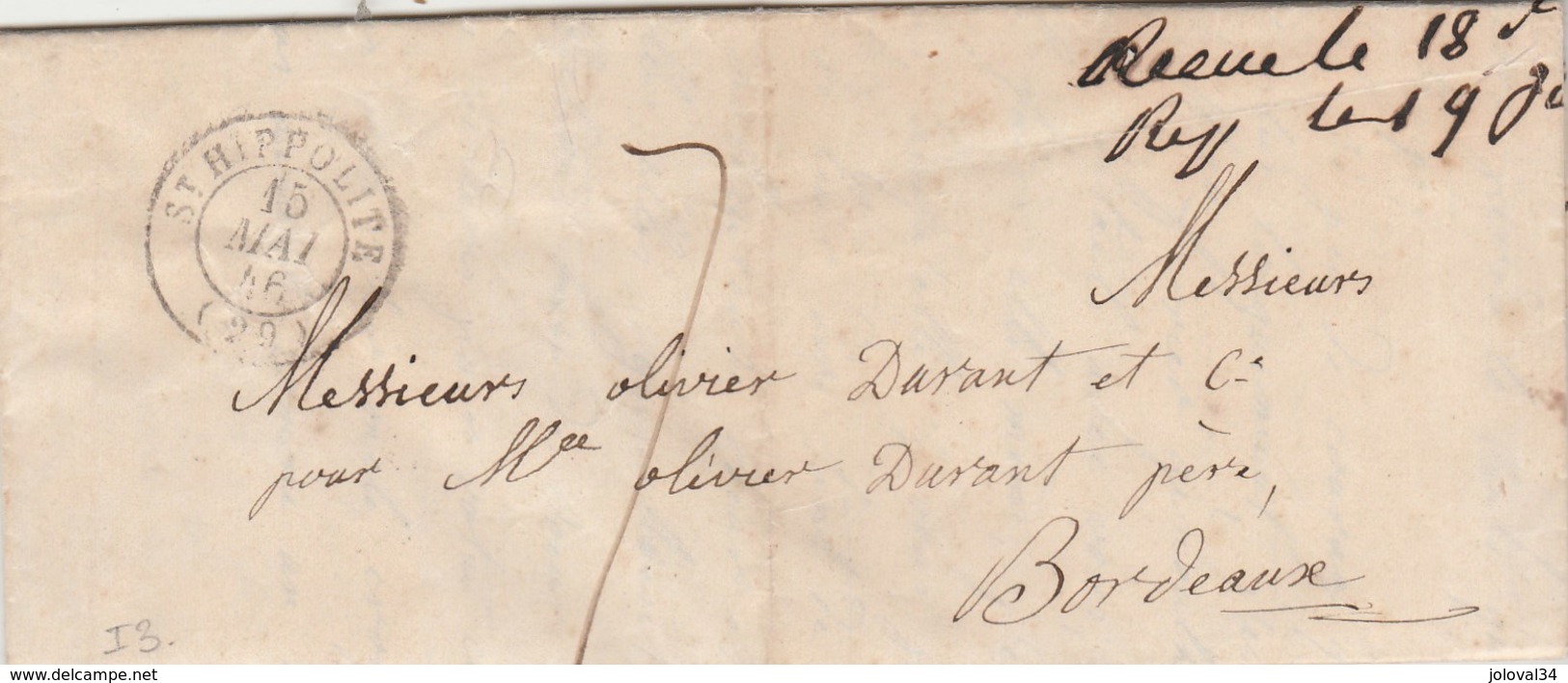 Lettre Cachet ST HIPPOLITE  Gard 15/5/1846 Taxe Manuscrite à Bordeaux Gironde - 1801-1848: Precursori XIX