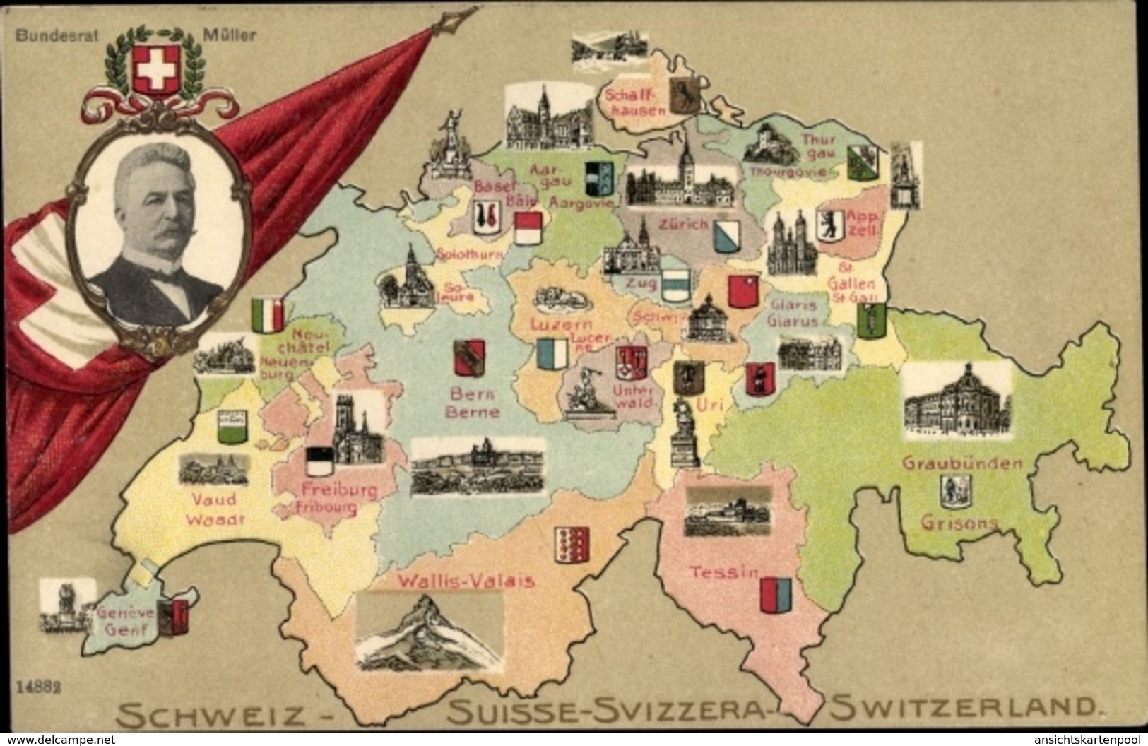Blason Landkarten Cp Schweiz, Kantone, Bundesrat Müller, Genf, Wallis, Graubünden, Tessin, Glarus - Sonstige & Ohne Zuordnung