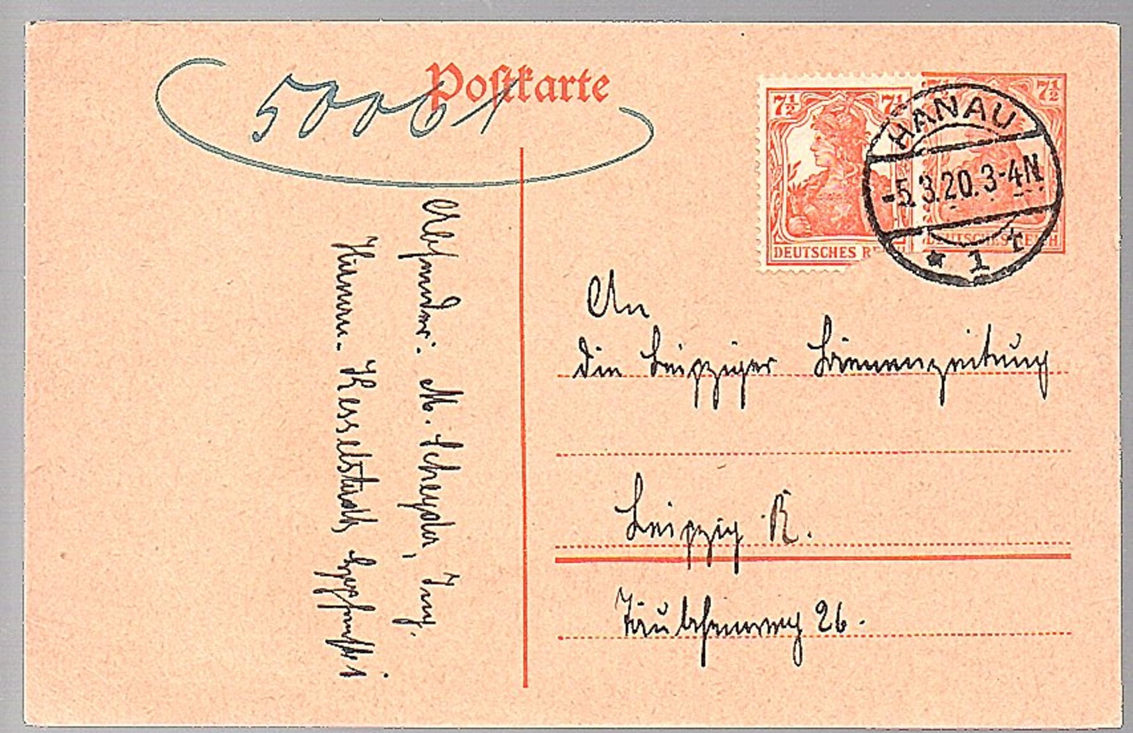 Hanau 5.3.1920 > Leipzig (stamp Has Faults) (740) - Storia Postale