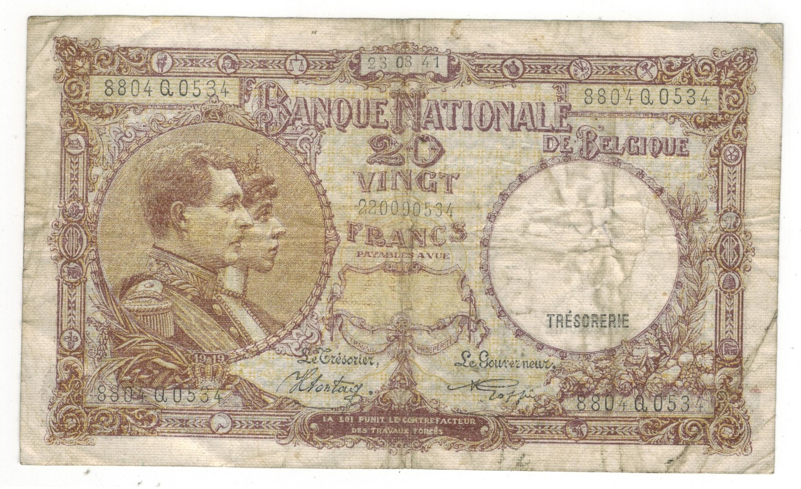 Belgium 20 Fr. 1941, Used, See Scan. - 20 Francs