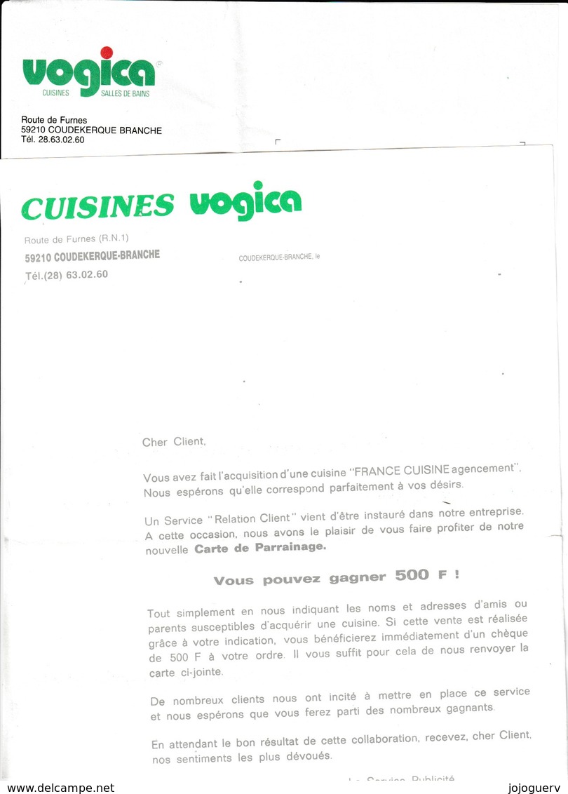 Publicité Et Facture Des Cuisines Vogica Route De Furnes à Coudekerque Branche ( 2 Documents - Autres & Non Classés