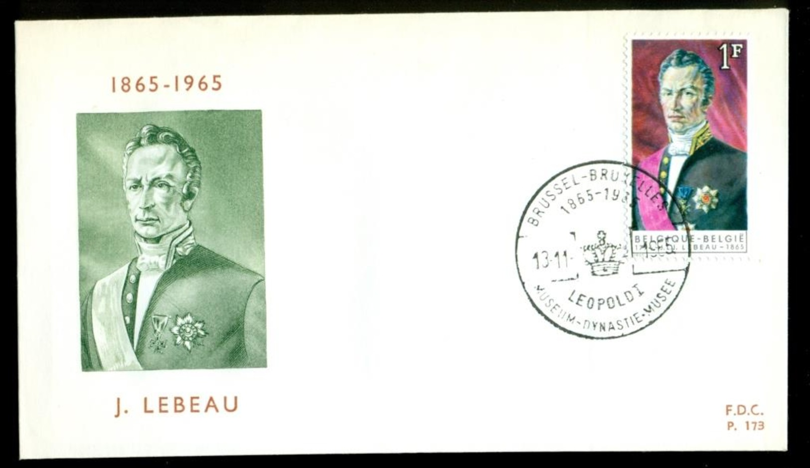 FDC COB 1351 JOSEPH LEBEAU BRUXELLES. 13.11.1965. - 1961-1970