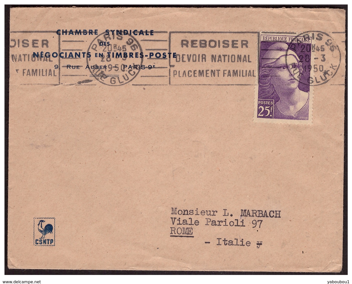 Gandon N° 731 Seul Sur Lettre De PARIS Pour ROME Du 28.3.50. - Storia Postale