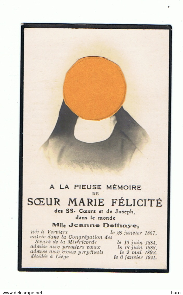 Faire-part De Décès De Soeur Marie Félicité Née Jeanne DELHAYE - VERVIERS 1867 / LIEGE 1924 - Religieuse, Nun,... (van) - Obituary Notices