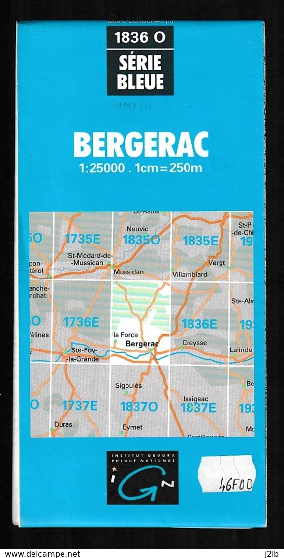 Carte IGN - 1836 Ouest - Bergerac - 1 / 25 000 - 1992 - Mapas Topográficas