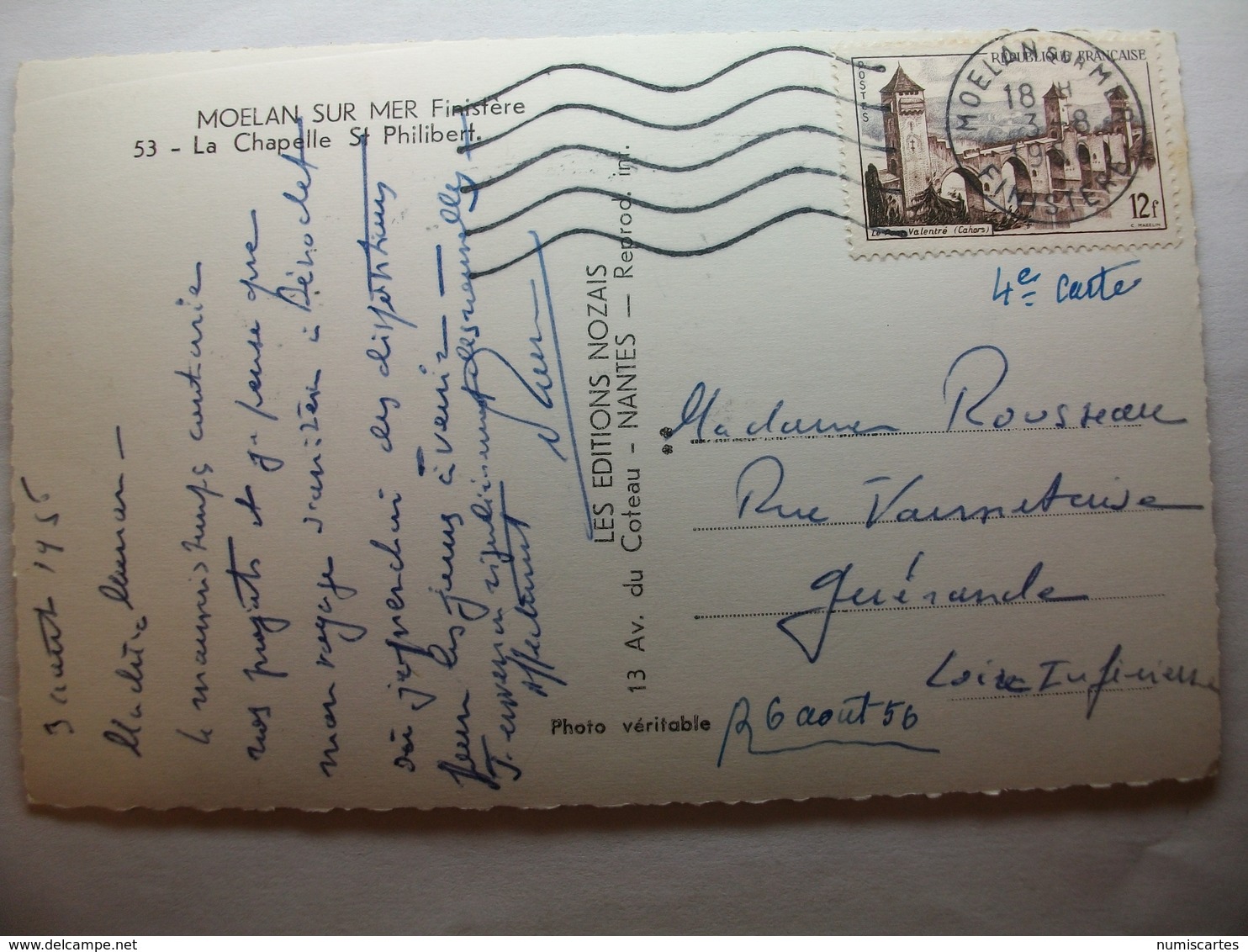 Carte Postale Moelan Sur Mer (29) La Chapelle Saint Philibert ( Petit Format Oblitérée 1955 Timbres 12 Francs  ) - Moëlan-sur-Mer
