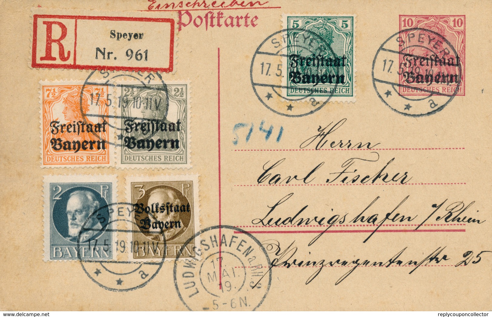 SPEYER - 1919 , R-Postkarte Freistaat Bayern - Nach Luwigshafen - Otros & Sin Clasificación