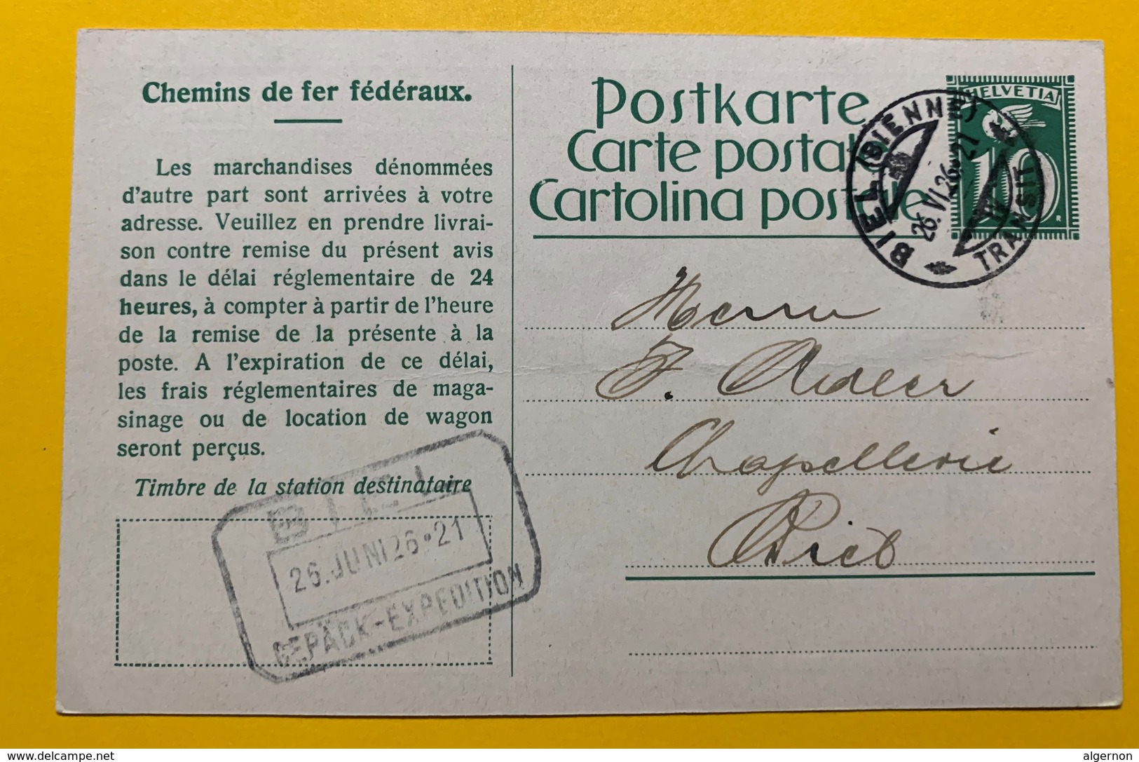 22126 - Biel Chemins De Fer Fédéraux Cachet Rectangulaire Gepäck-Expédition 1926 - Enteros Postales