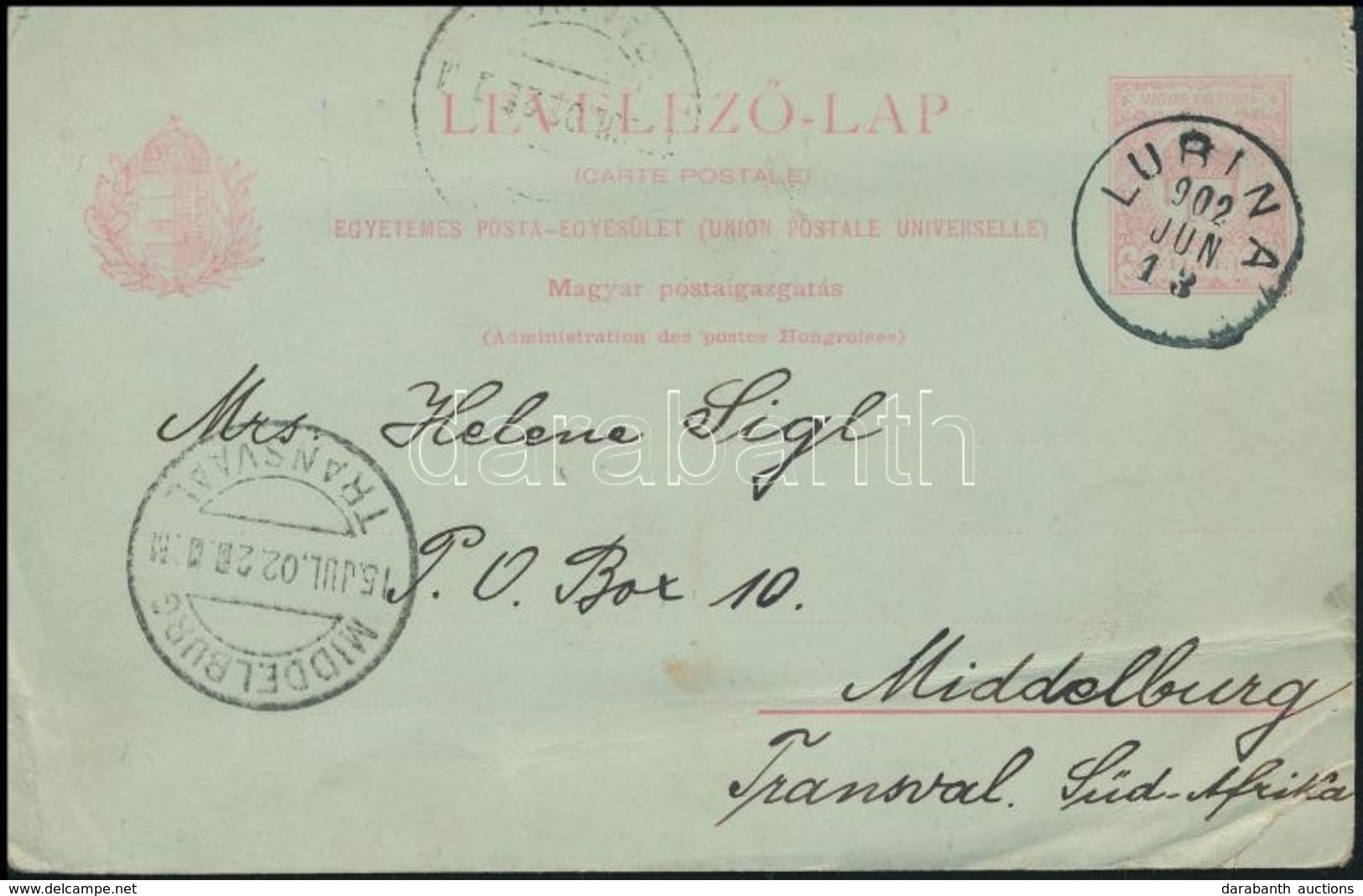 1902 10f Díjjegyes Levelezőlap 'LUBINA' - 'MIDDELBURG / TRANSVAAL' - Other & Unclassified