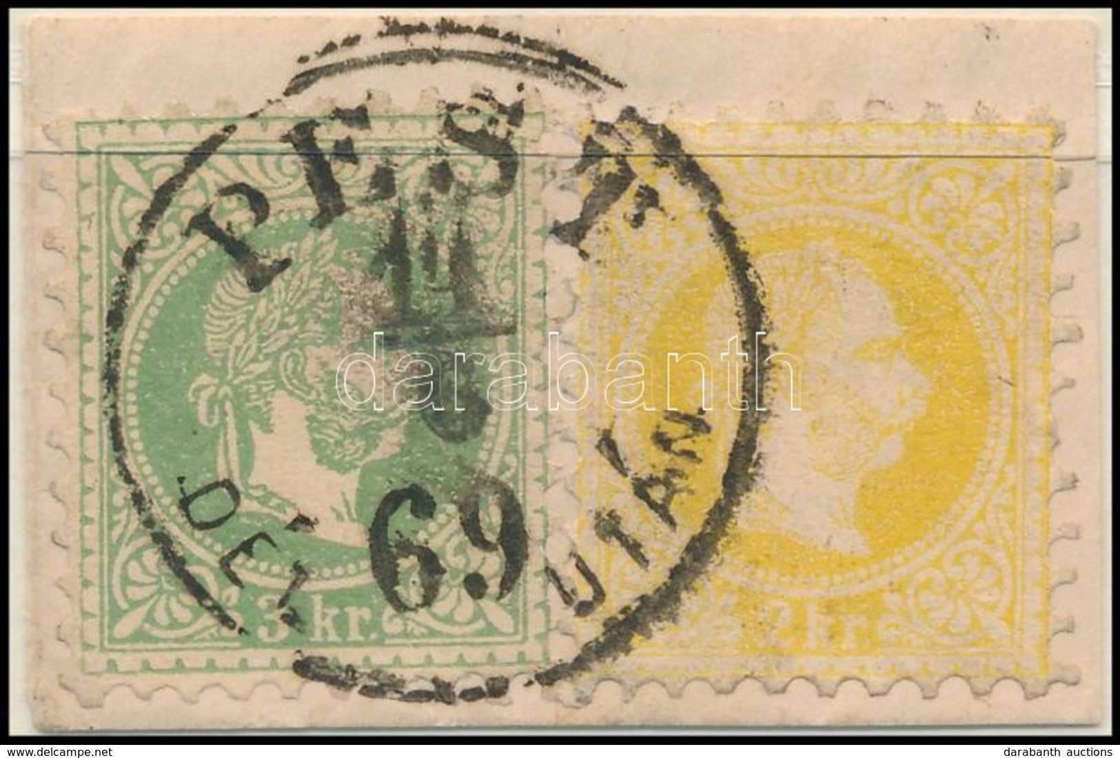 1869 2kr + 3kr Kivágáson 'PESTH / DÉL UTÁN' - Altri & Non Classificati