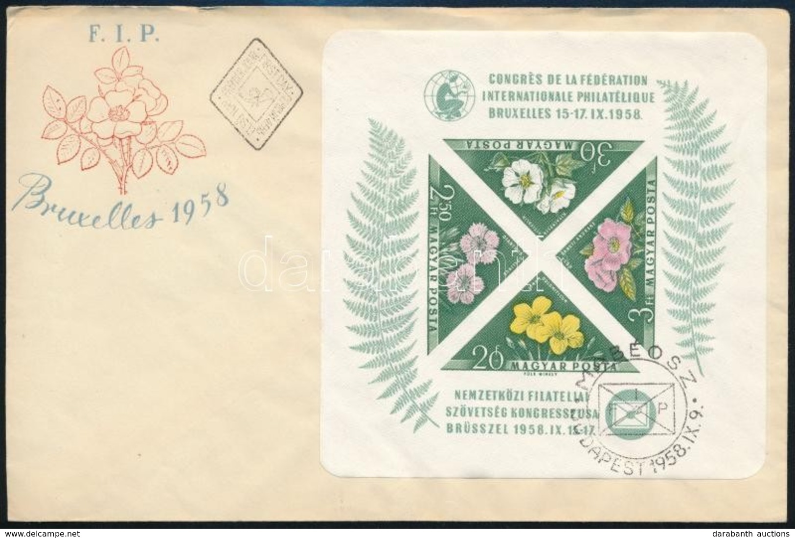 1958 FIP Virág (I.) Vágott Blokk FDC-n (15.000) - Altri & Non Classificati