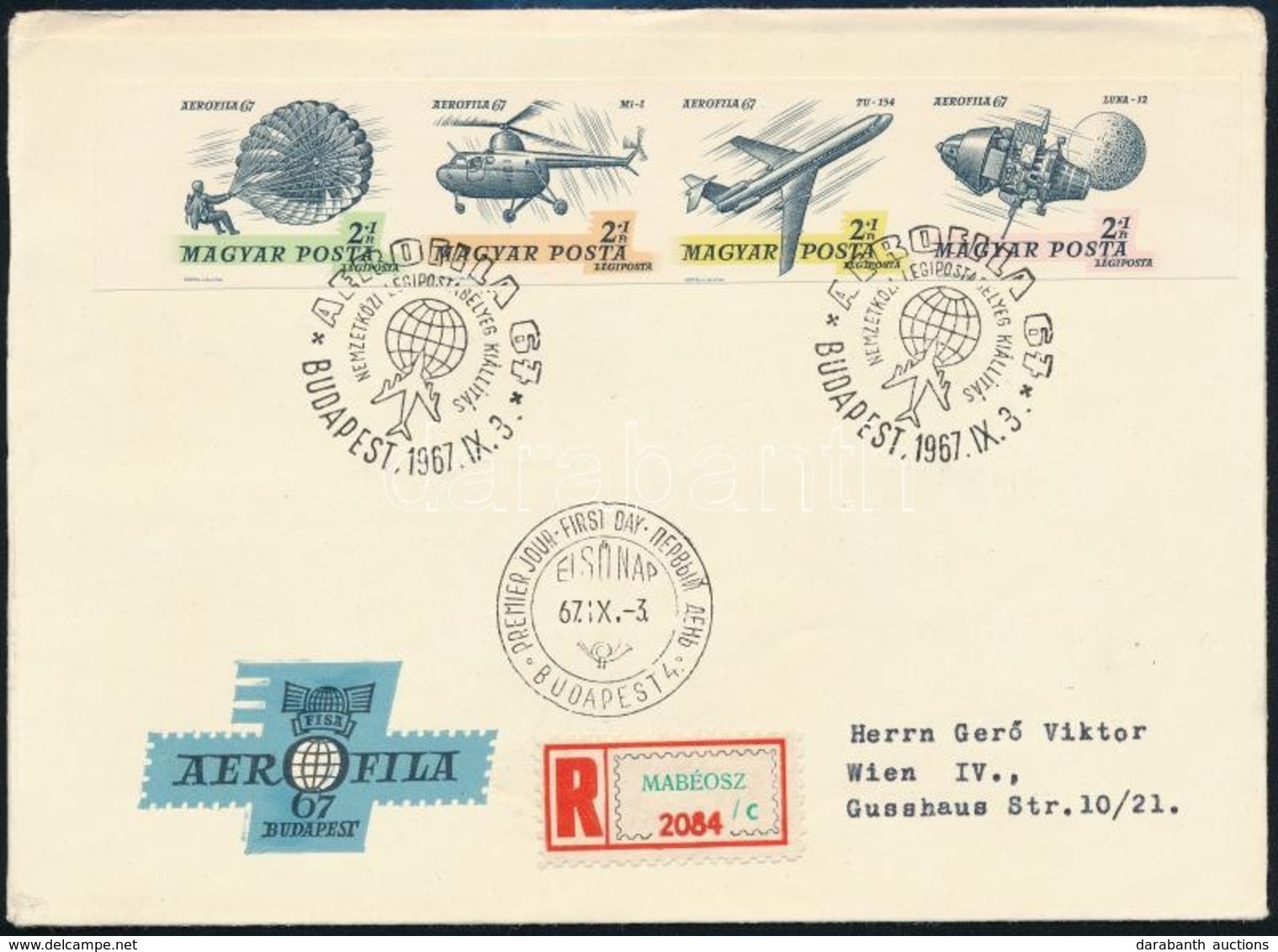 1967 Bélyegnap (40.) - Aerofila (II.) Vágott Csík Ajánlott FDC-n Bécsbe  (3.500) - Altri & Non Classificati