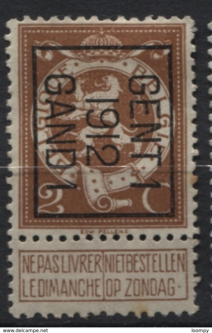 PREOS TYPO-  1912 GENT 1 GAND (position B). Cat. 34 Cote 425. - Typografisch 1912-14 (Cijfer-leeuw)