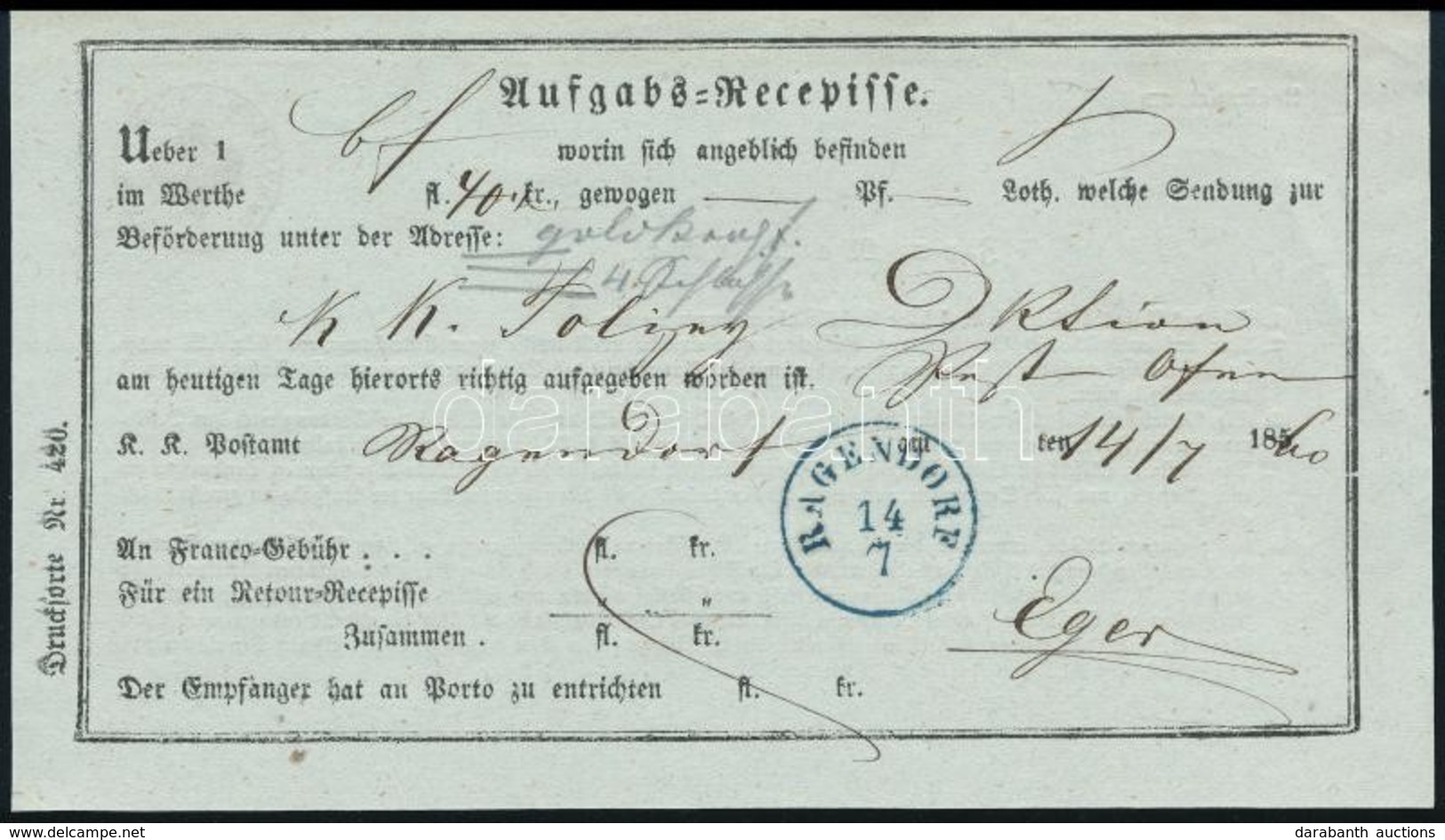 1860 Feladóvevény / Aufgabs Recepisse Kék / Blue 'RAGENDORF' - Altri & Non Classificati