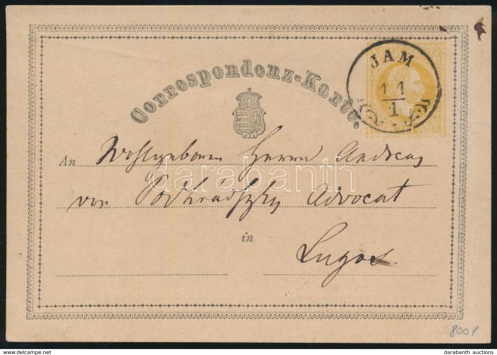 ~1870 Díjjegyes Levelezőlap / PS-card 'JAM' - Lugos - Altri & Non Classificati