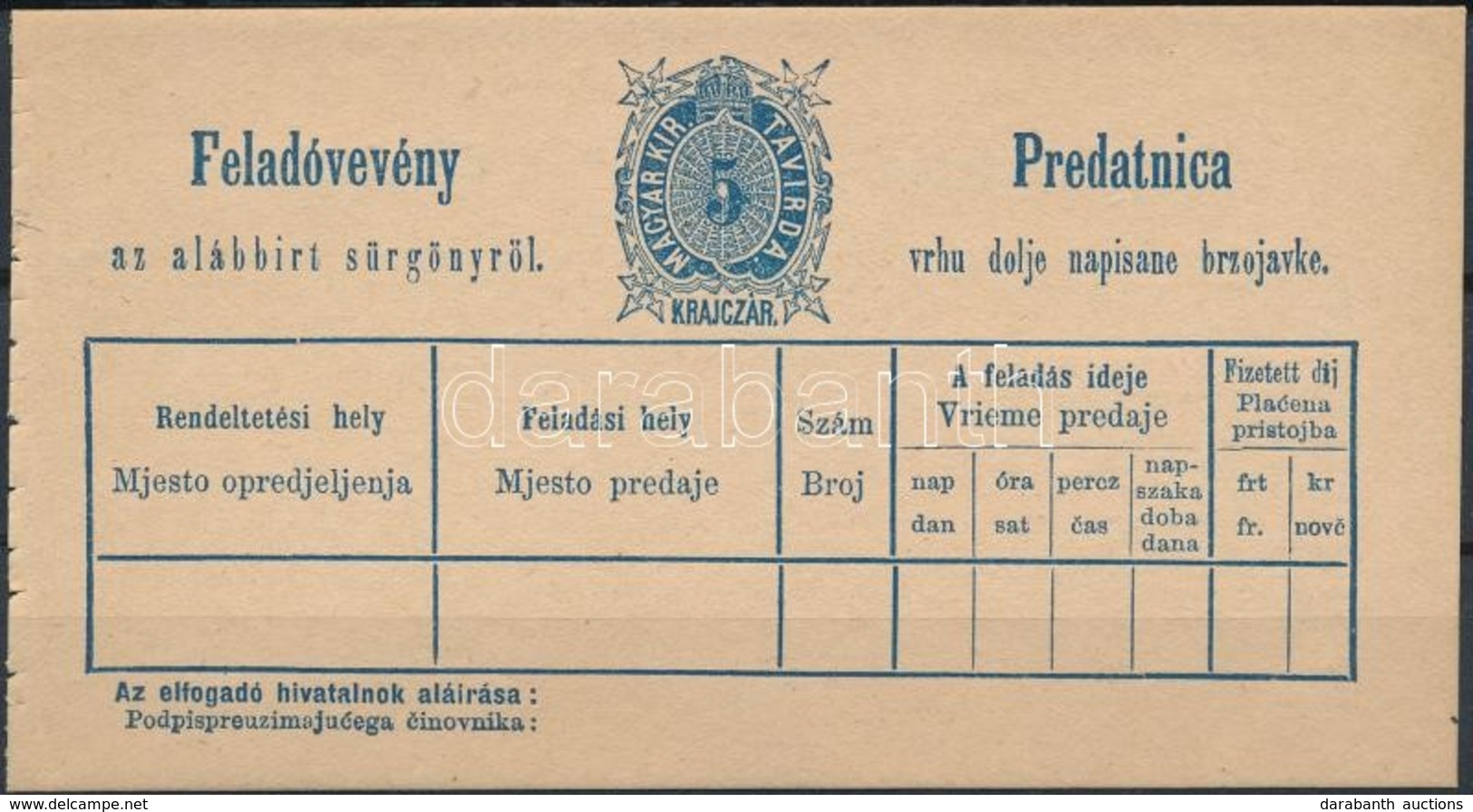 1873 Használatlan Távirati Sürgönylap és Feladó Vevény (5.000) - Altri & Non Classificati