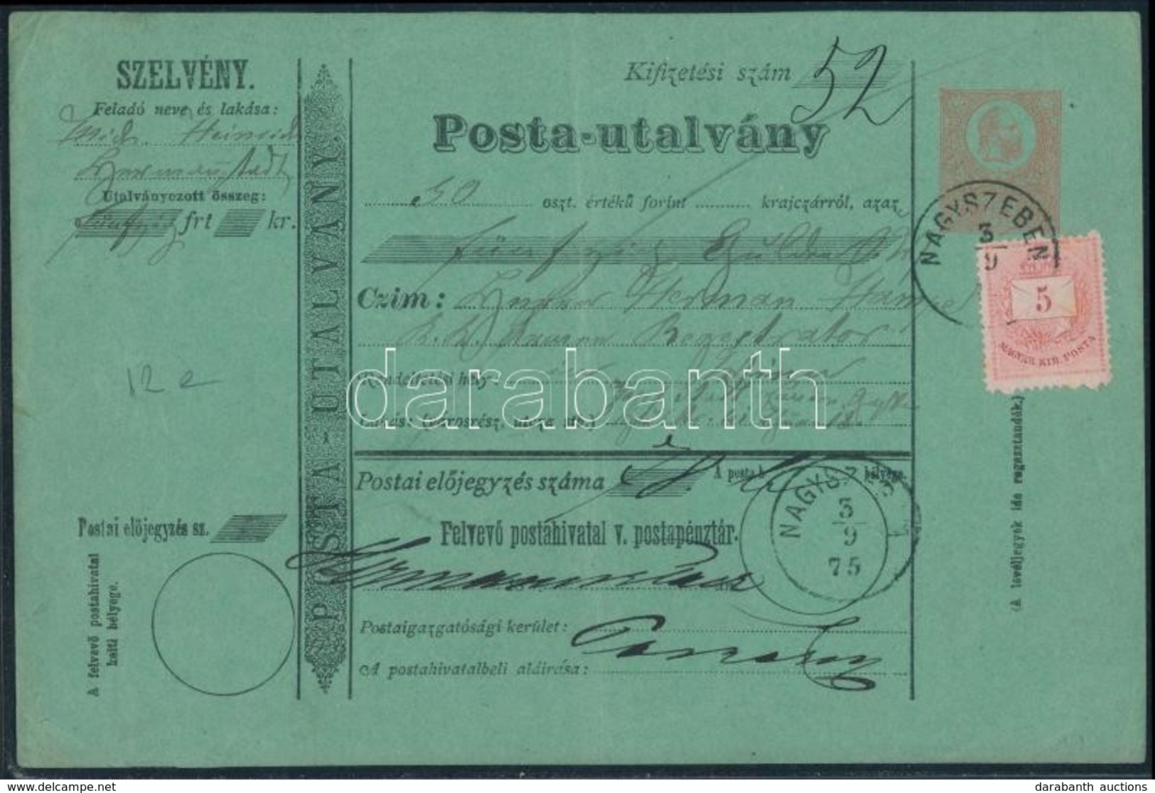 1875 5kr Réznyomat Postautalvány Színesszámú 5kr Vegyes Bérmentesítéssel 'NAGYSZEBEN' - Altri & Non Classificati