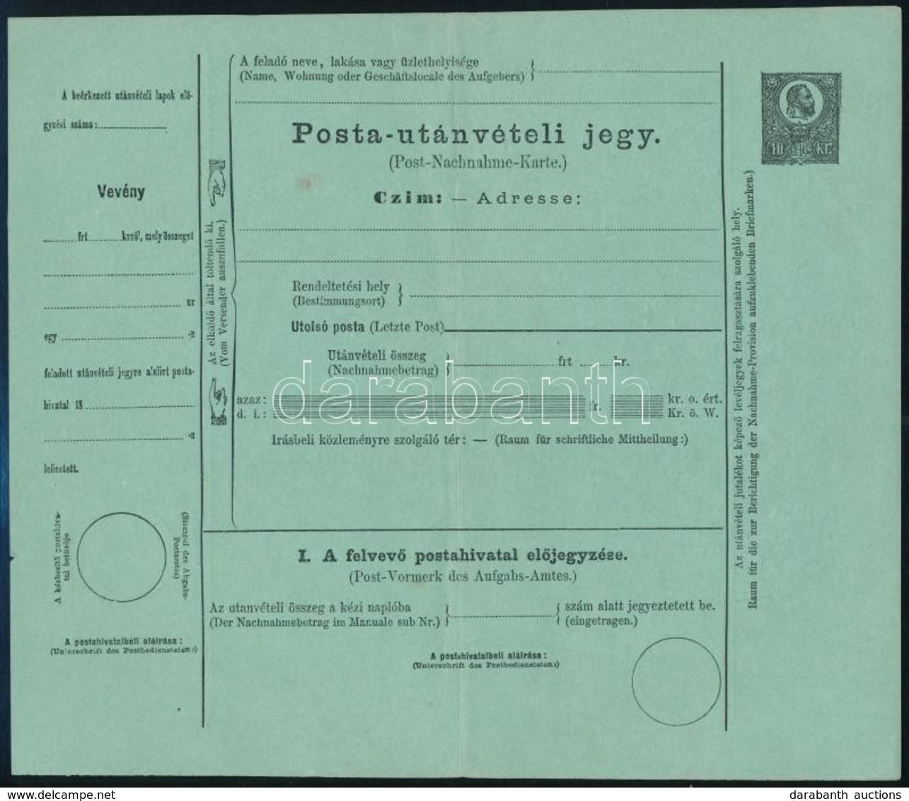 1874 Használatlan Posta-utánvételi Jegy Magyar-német Nyelvű (3.000) - Altri & Non Classificati