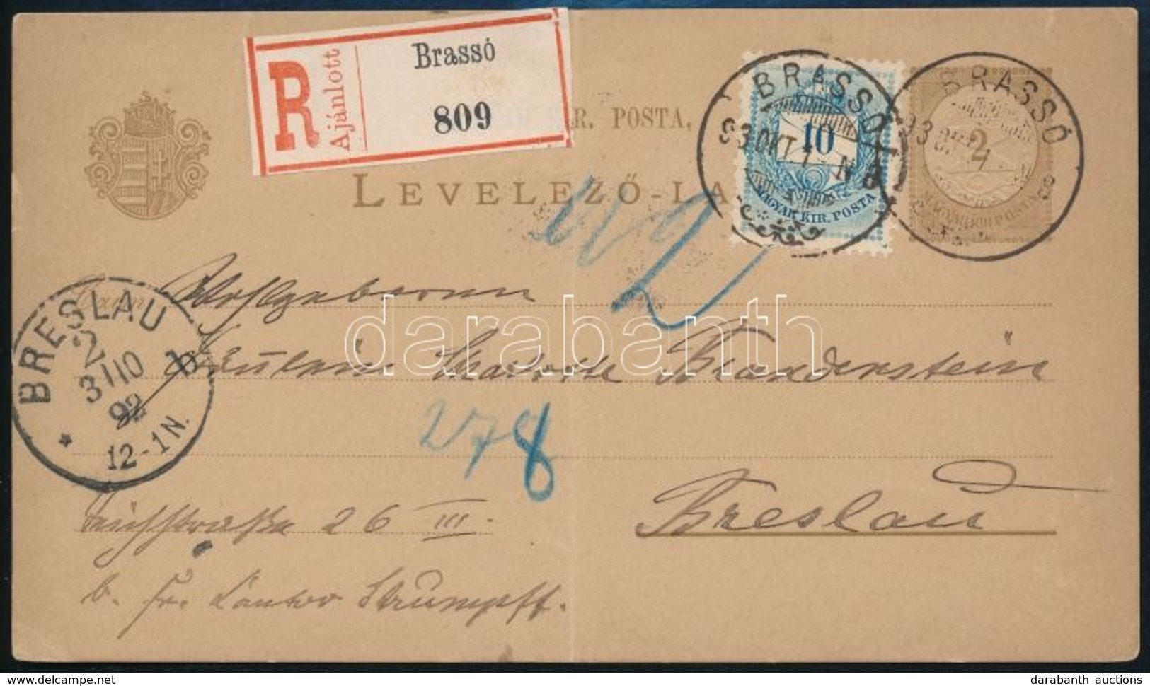 1893 Ajánlott Távolsági Levelezőlap 10kr Díjkiegészítéssel (3.500) - Altri & Non Classificati