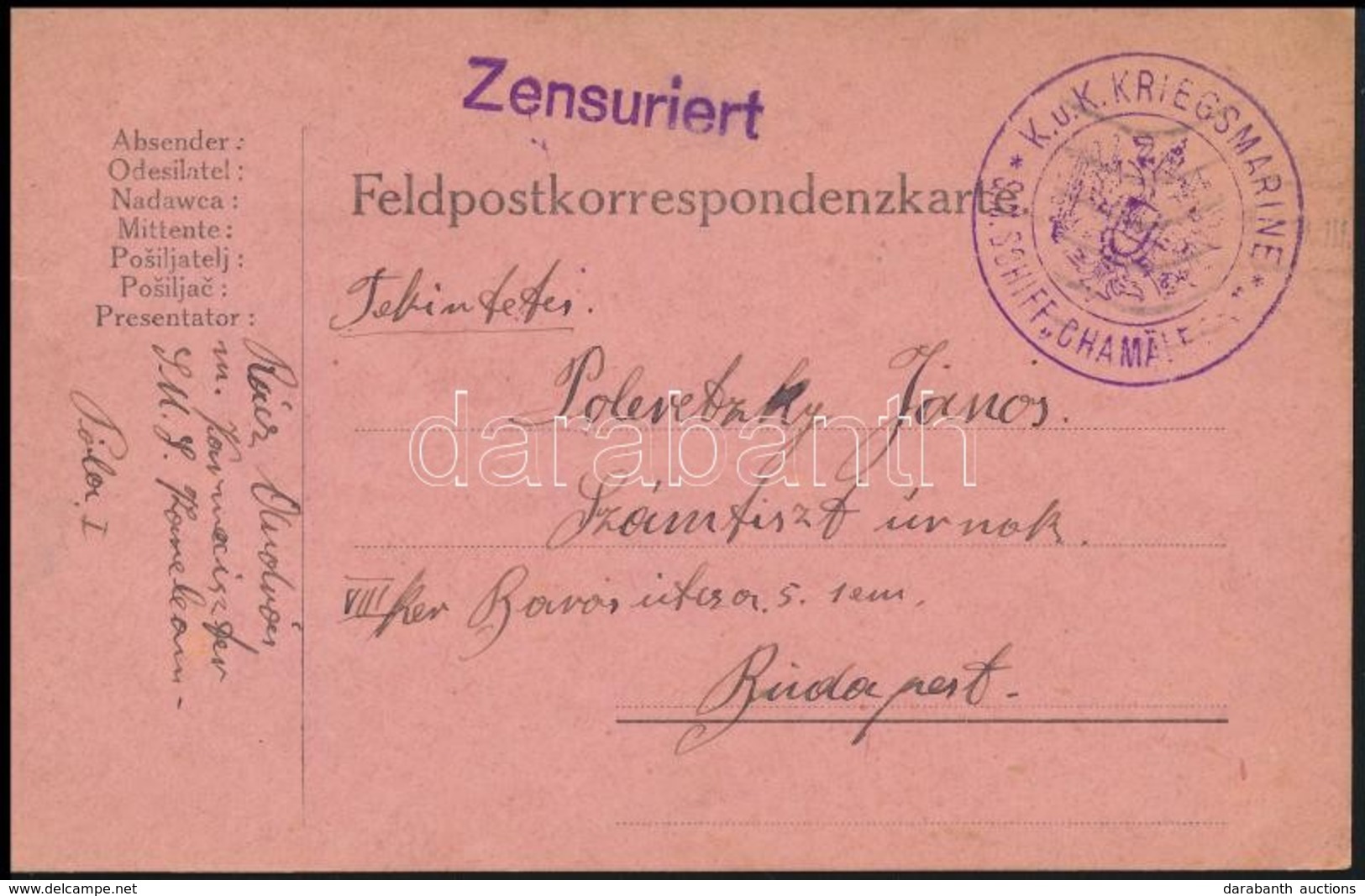 1915 Tábori Posta Levelezőlap 'K.u.K. KRIEGSMARINE / S.M.SCHIFF CHAMÄLEON' - Altri & Non Classificati