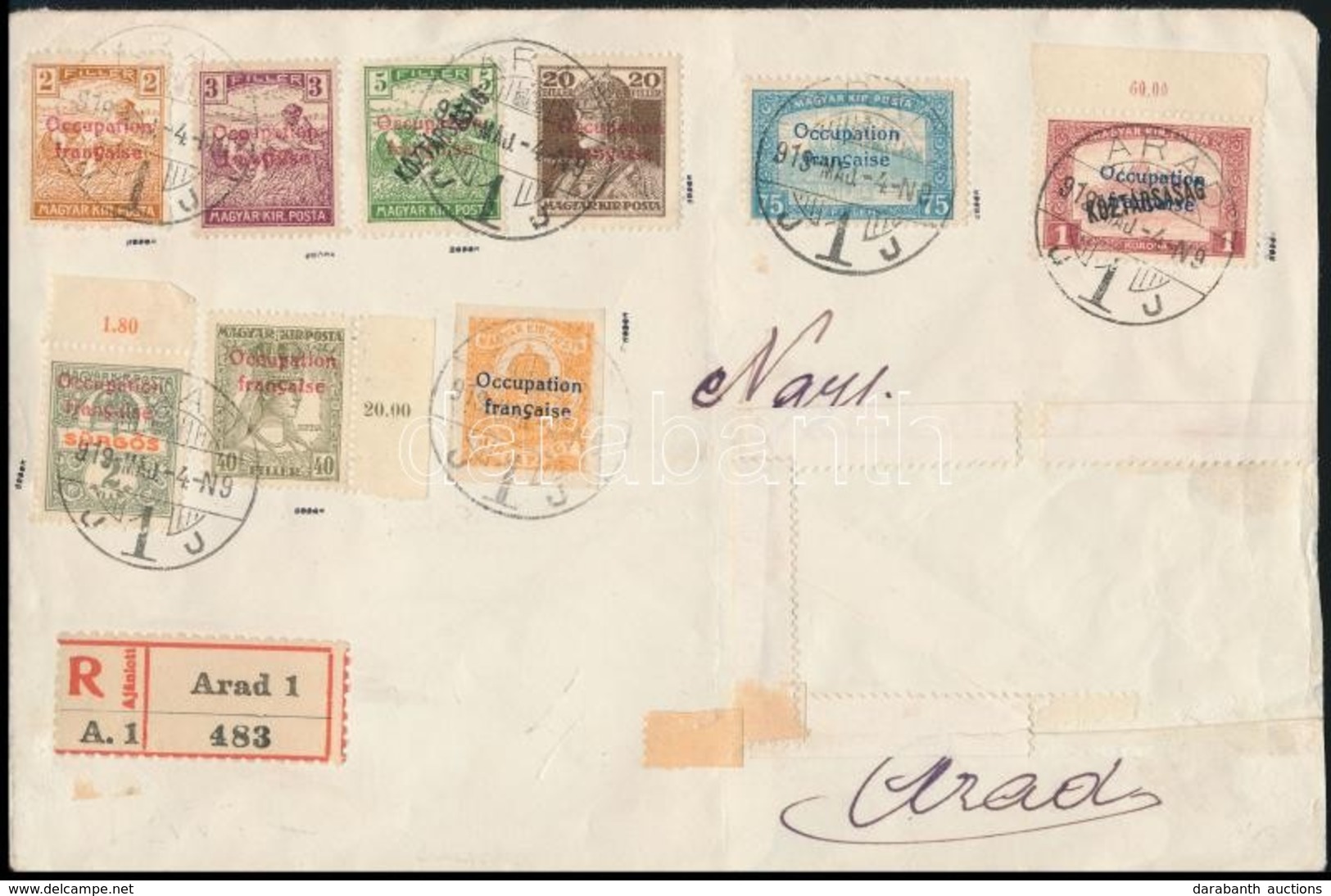 Arad 1919 Helyi Ajánlott  Levél érkezési Bélyegzővel, 9 Bélyeggel (címzés Kivágva) Bodor Vizsgálójellel - Sonstige & Ohne Zuordnung