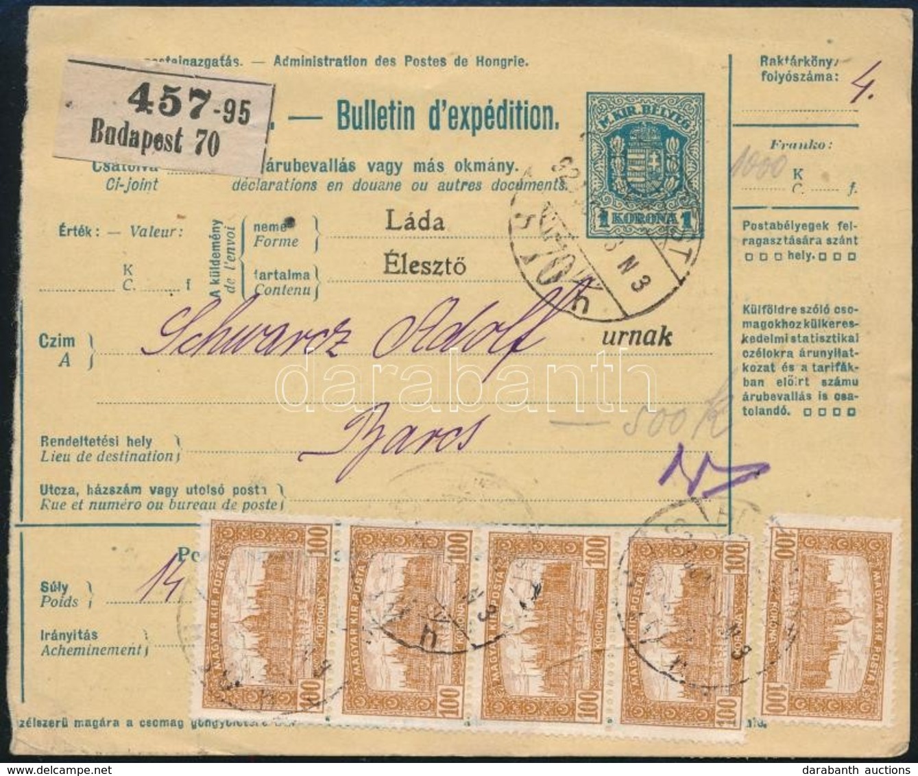 1923 Szállítólevél 10 Db Parlament 100K (G.R.T.) Céglyukasztásos Bélyeggel Bérmentesítve - Altri & Non Classificati