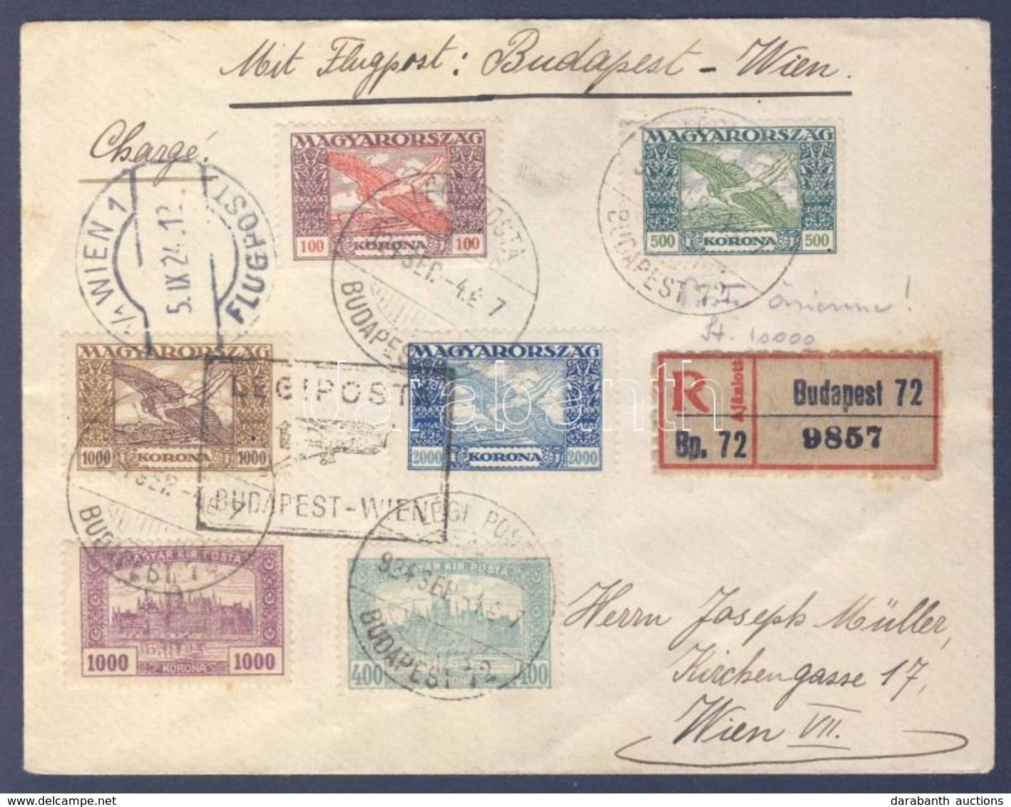 1924 (14. Díjszabás) Ajánlott Légi Levél Bécsbe 'BUDAPEST-WIEN' Légi Irányító Bélyegzéssel / Registered Airmail Cover To - Altri & Non Classificati