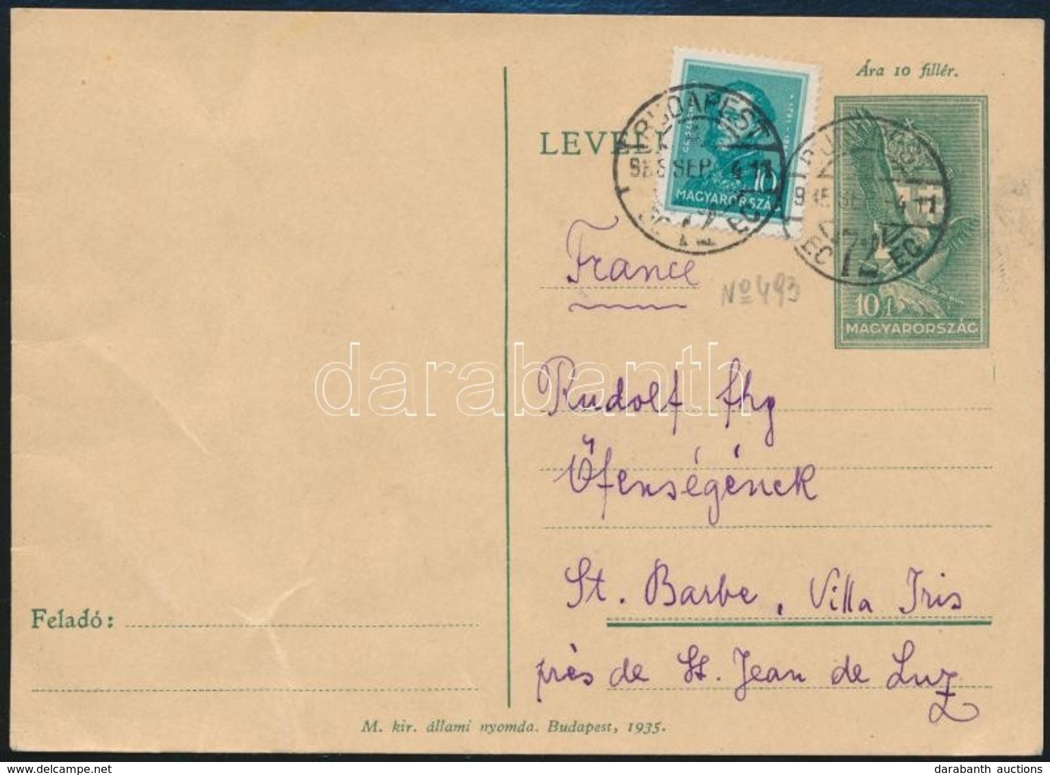 1935 Rudolf Főhercegnek Franciaországba Címzett Levelezőlap - Andere & Zonder Classificatie