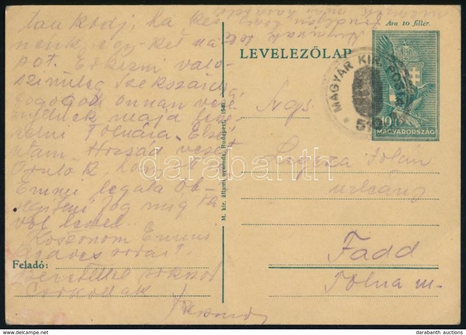 ~1940 Díjjegyes Levelezőlap 510-es Kisegítő Gumibélyegzéssel Visszatért Országrészből / PS-card With Auxiliary Postmark - Altri & Non Classificati