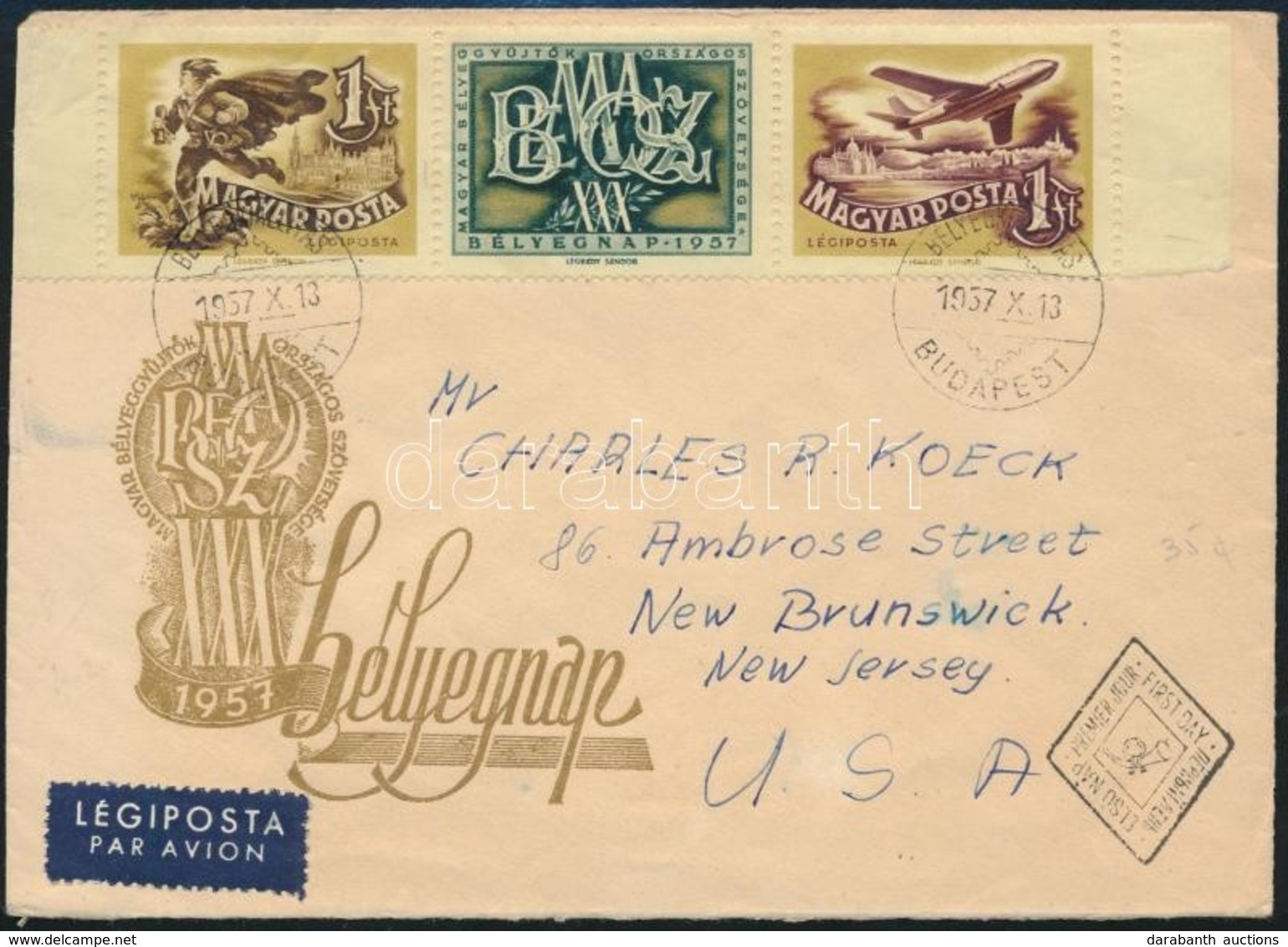 1957 Bélyegnap Díjkiegészítéssel Légi FDC-n Az USA-ba - Altri & Non Classificati