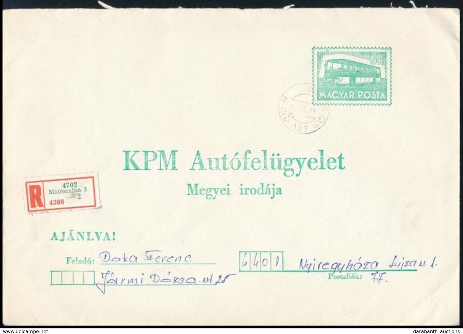 1977 KPM Autófelügyelet 5Ft Díjjegyes Borítékja Ajánlott Levélként Kisegítő Bélyegzéssel - Autres & Non Classés