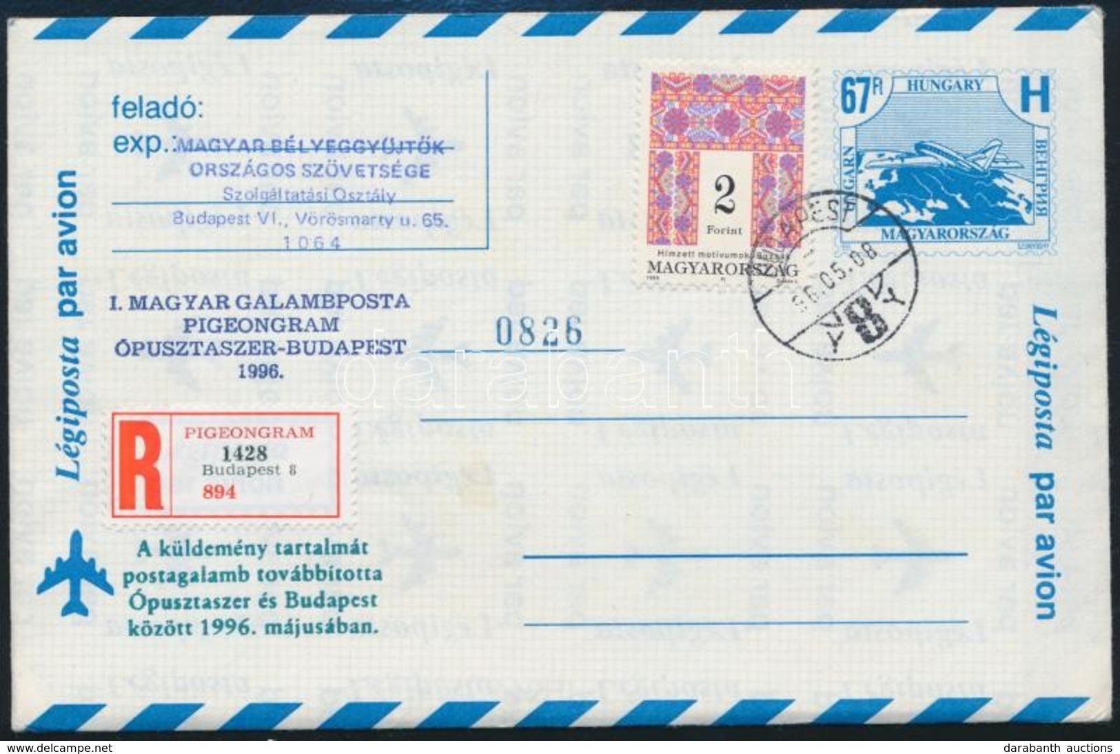 1996 Galambposta (pigeongram) Címzetlen Ajánlott Boríték - Altri & Non Classificati