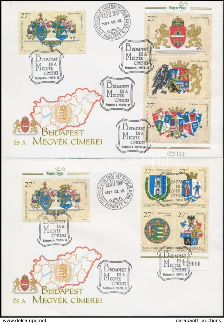 1997 Budapest és A Megyék Címerei  (I-II.)  Négyestömbök, 3-as Csík, 4 Db FDC - Altri & Non Classificati