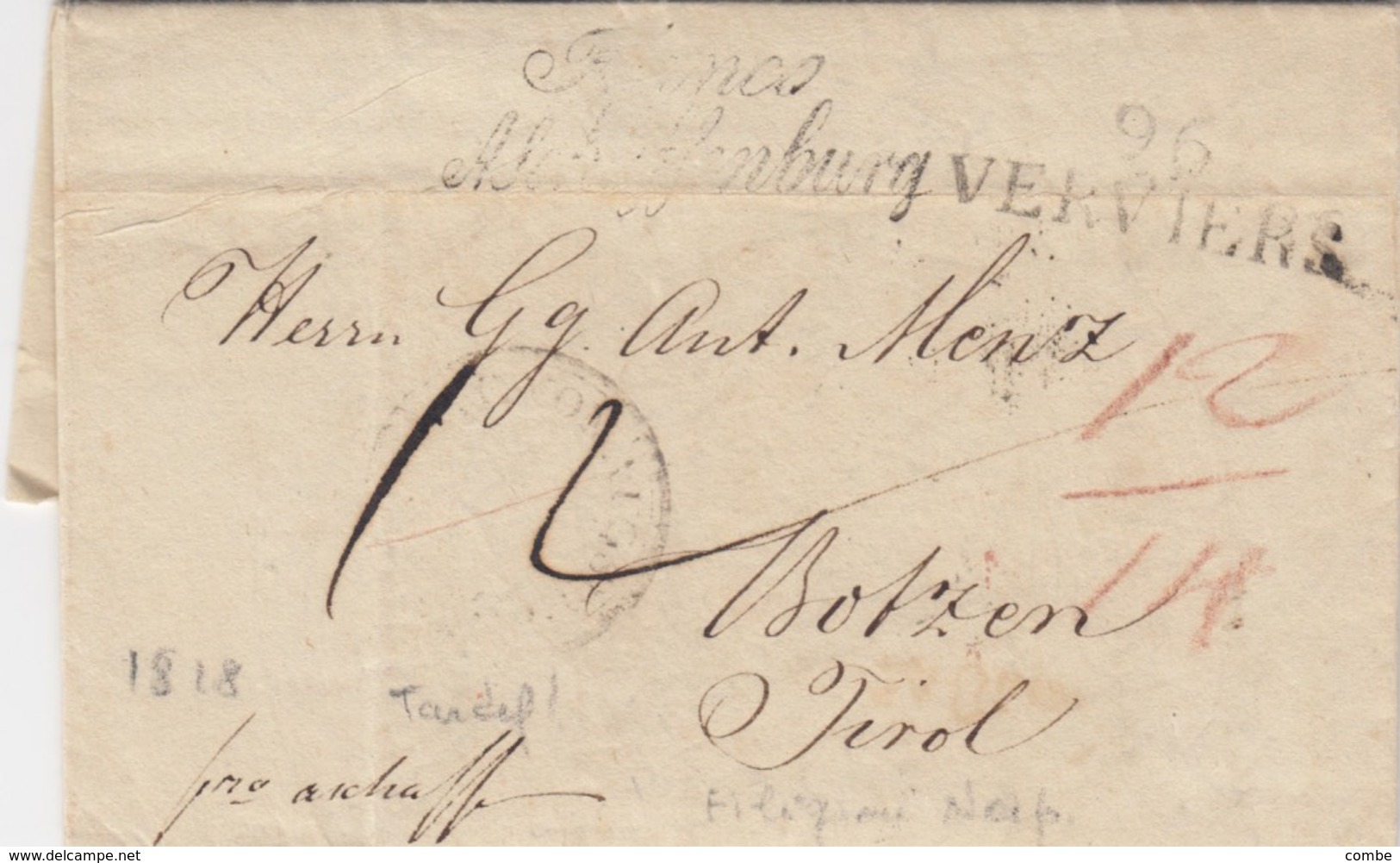 LETTRE. BELGIQUE. 23 7 1818. JEAN NICOLAS DAVID DE FRANCOMMONT VERVIERS POUR HENZ BOTZEN TYROL PAR ASCHAFFENBURG - 1815-1830 (Période Hollandaise)