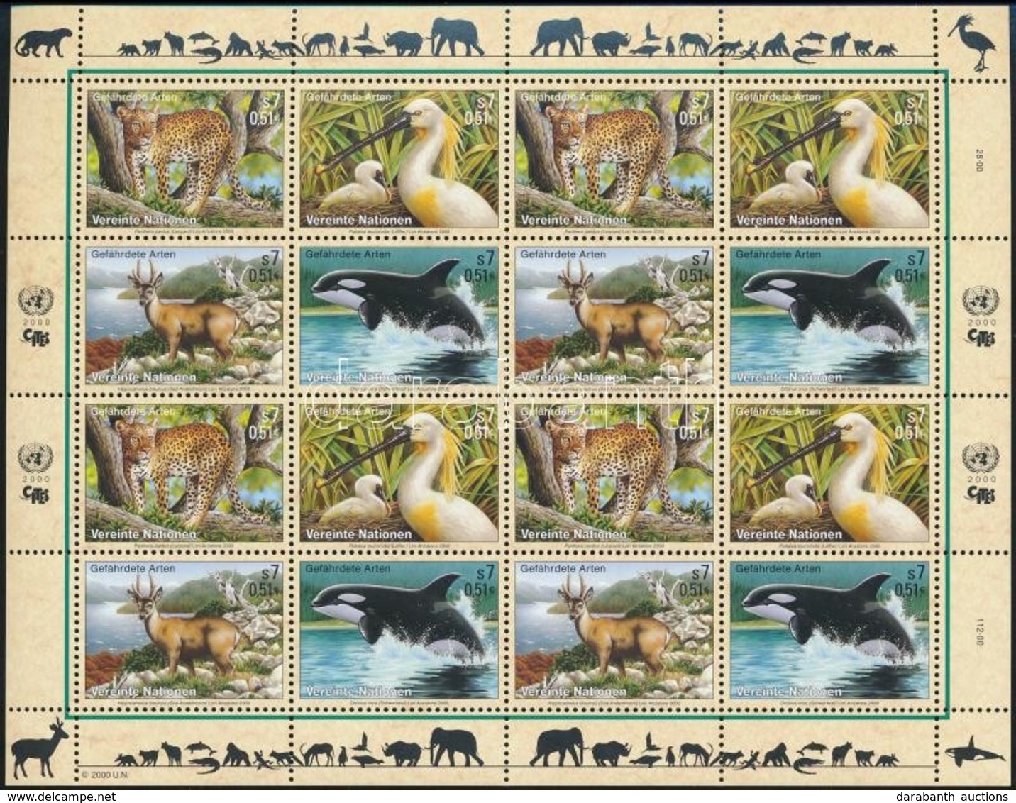 ** 2000 Veszélyeztetett állatok Kisív,
Endangered Species Minisheet
Mi 303-306 - Altri & Non Classificati