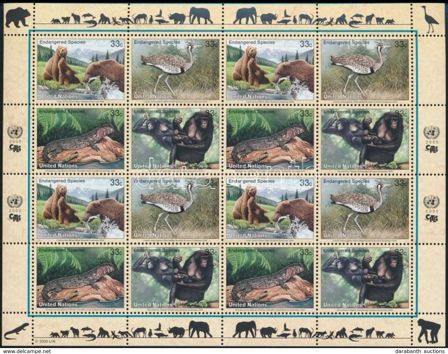 ** 2000 Veszélyeztetett állatok Kisív,
Endangered Species Minisheet
Mi 831-834 - Altri & Non Classificati