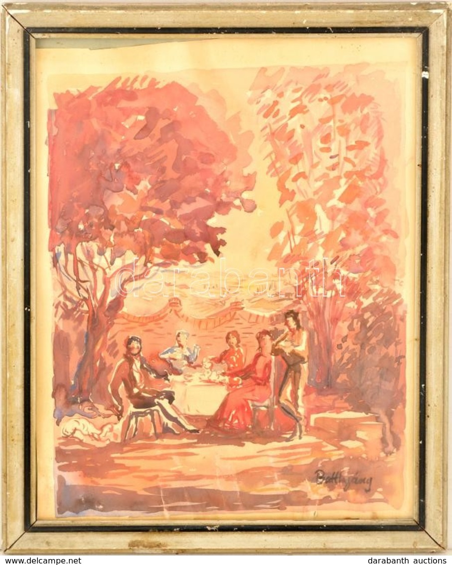 Batthány Jelzéssel: Kerti Teázgatás. Akvarell, Papír (kis Szakadásokkal), üvegezett Keretben, 30×22 Cm - Altri & Non Classificati