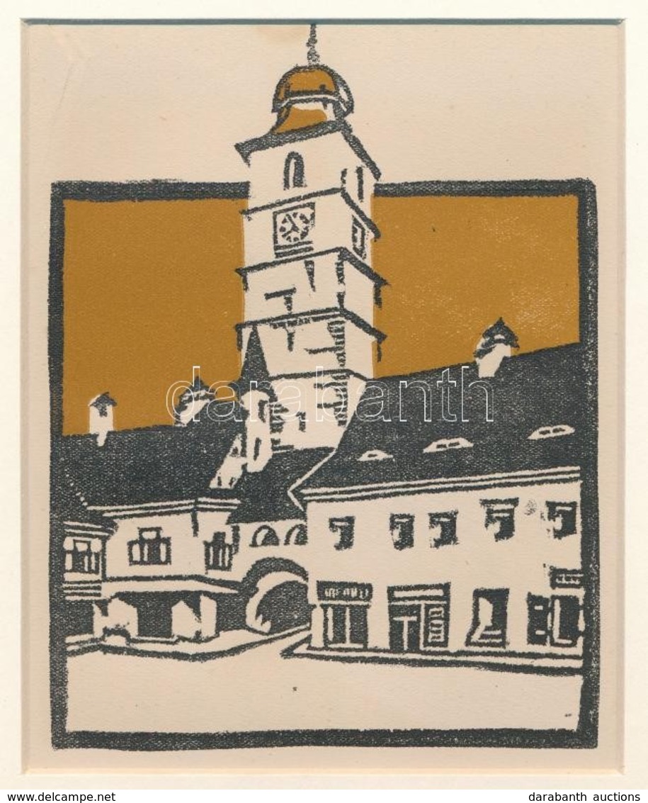 Kós Károly (1883-1977): Templom, Színes Linómetszet, Papír, Jelzés Nélkül, Paszpartuban, 14,5×11,5 Cm - Andere & Zonder Classificatie